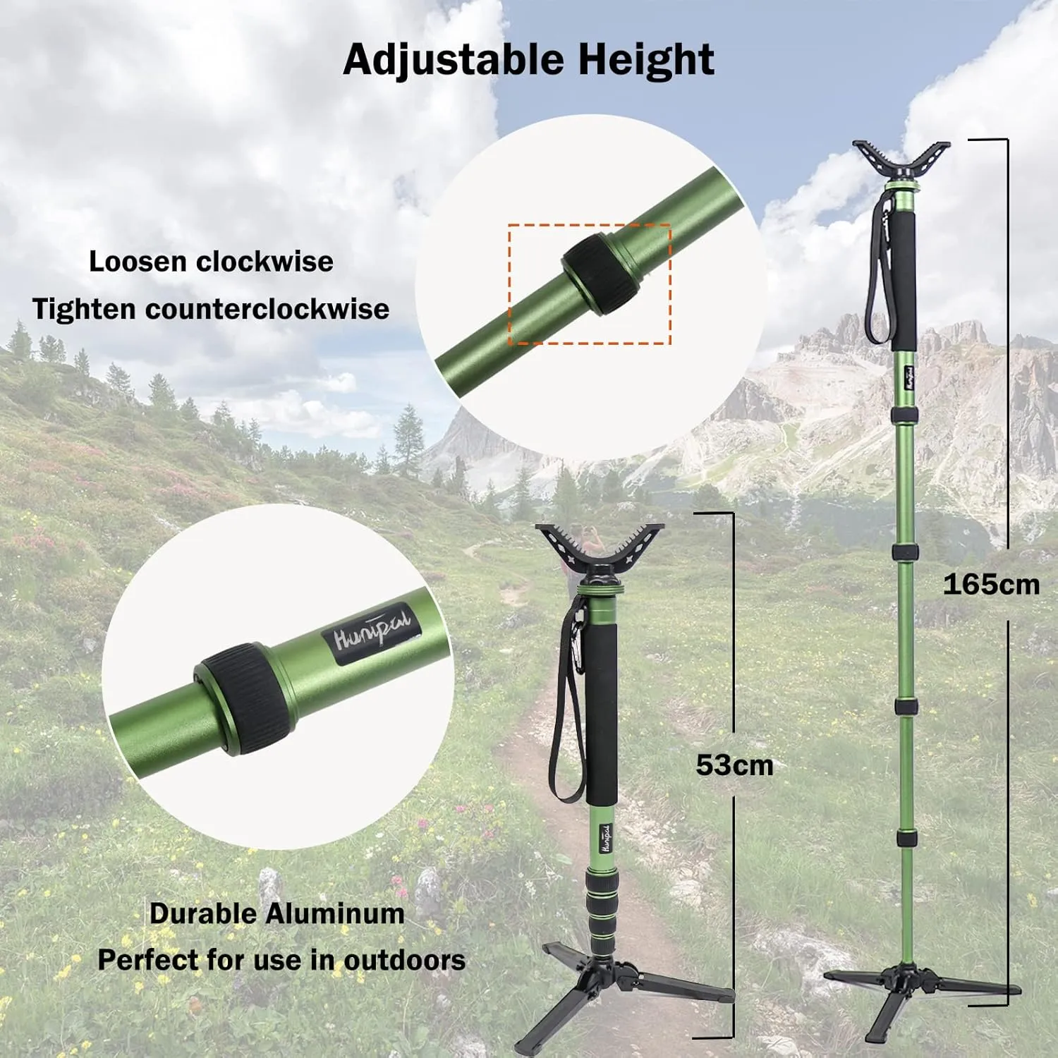 HUNTPAL Hunting Monopod Shooting Stick Gun Rifle Rest Crossbow Shooting Rest with Tiltable and Horizontally Rotatable Tri-Stand Tripod Base, Matt Aluminum 21"-65" Shooting Stand with V Yoke Head
