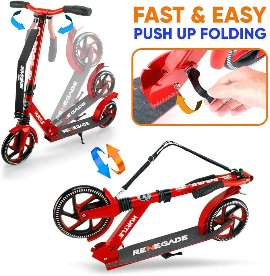 Hurtle HURTSBU Compact Kick Scooter for Teens - Folding Stand Kick Scooters w/Adjustable Height, Alloy Anti-Slip Deck, 8" Wheels, Mud Guard Front Wheel, for Kids, Boys/Girls
