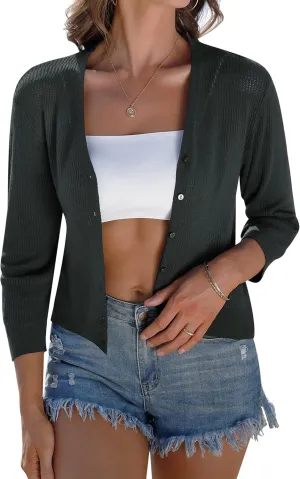 iClosam Womens Summer Lightweight Cropped Cardigans 3/4 Sleeve Knit Shrugs V Neck Button Down Cardigans Sweaters