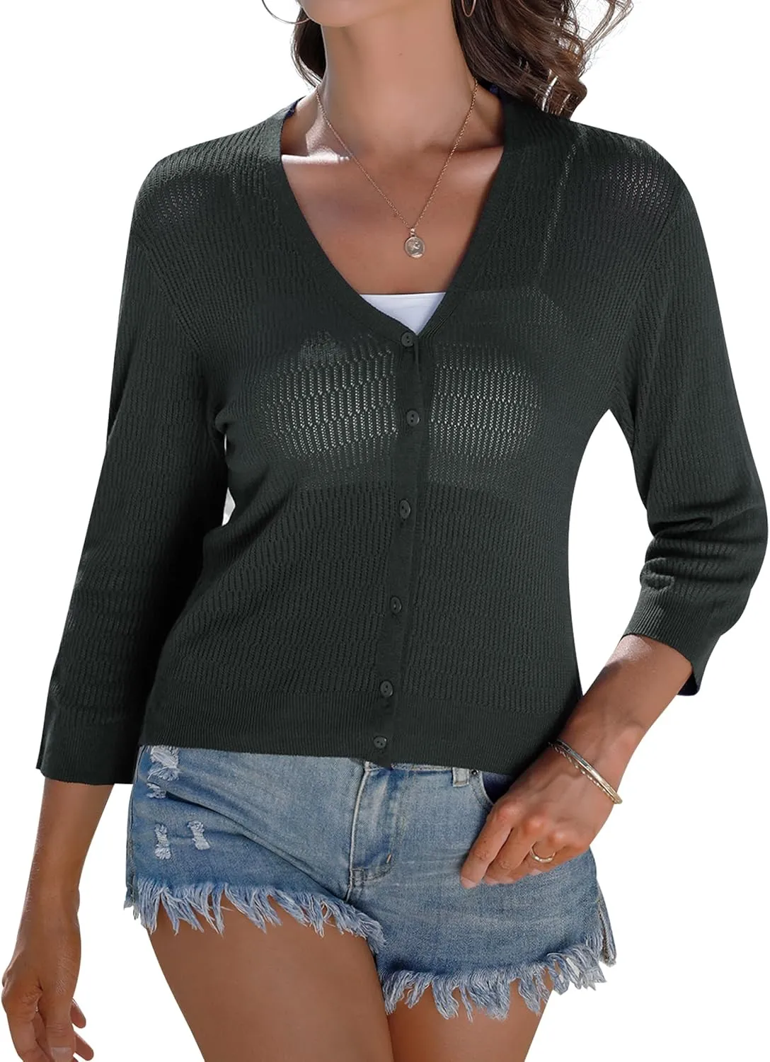 iClosam Womens Summer Lightweight Cropped Cardigans 3/4 Sleeve Knit Shrugs V Neck Button Down Cardigans Sweaters