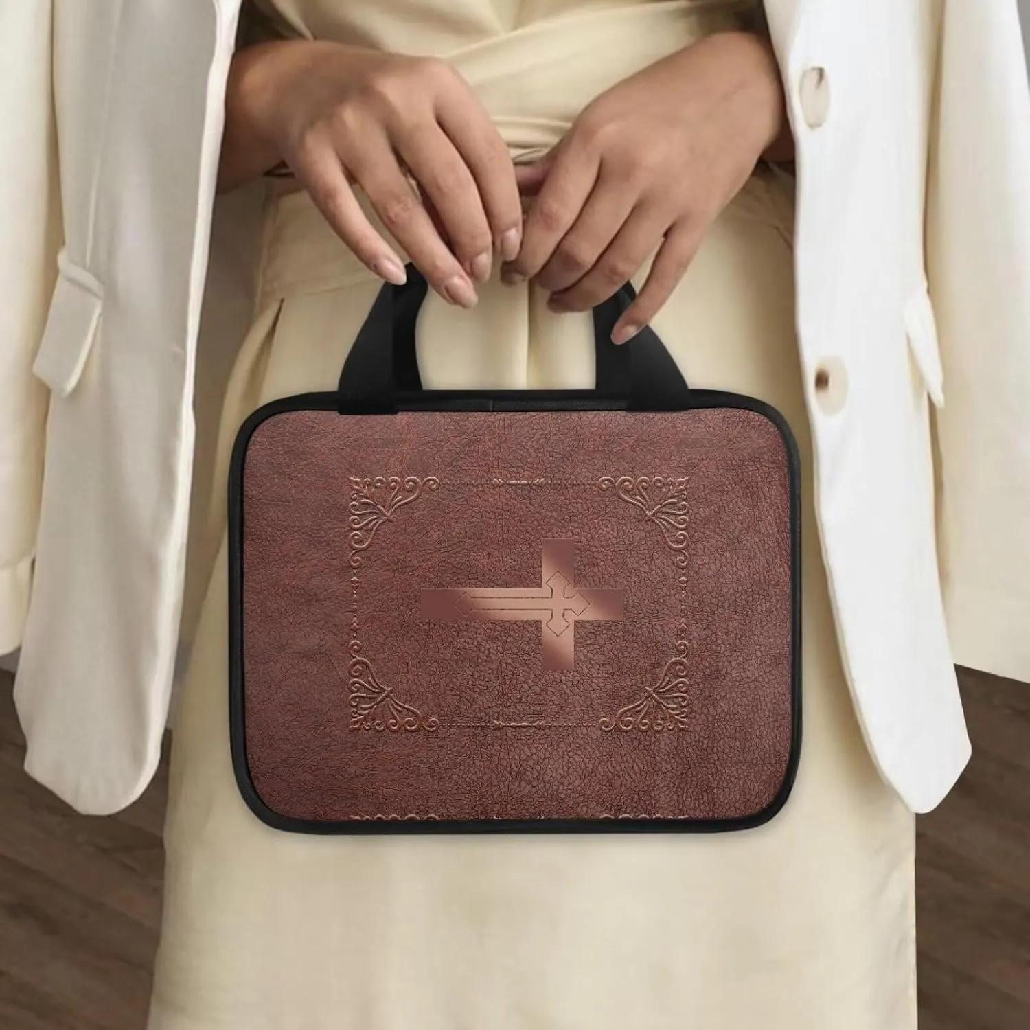 Imitation Leather Print Bible Case Bible Cover for Women Canvas Bible Carrying Case Built-in Pocket Handle Church Bag