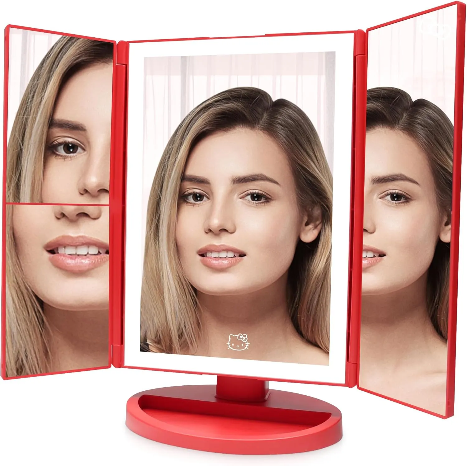 Impressions Vanity Hello Kitty Bows Trifold LED Makeup Mirror for Desk, 3 Way View Foldable Vanity Mirror with Lights, Adjustable Tilt Height, 2X and 3X Magnification and Soft Touch Control (Red)