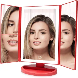 Impressions Vanity Hello Kitty Bows Trifold LED Makeup Mirror for Desk, 3 Way View Foldable Vanity Mirror with Lights, Adjustable Tilt Height, 2X and 3X Magnification and Soft Touch Control (Red)