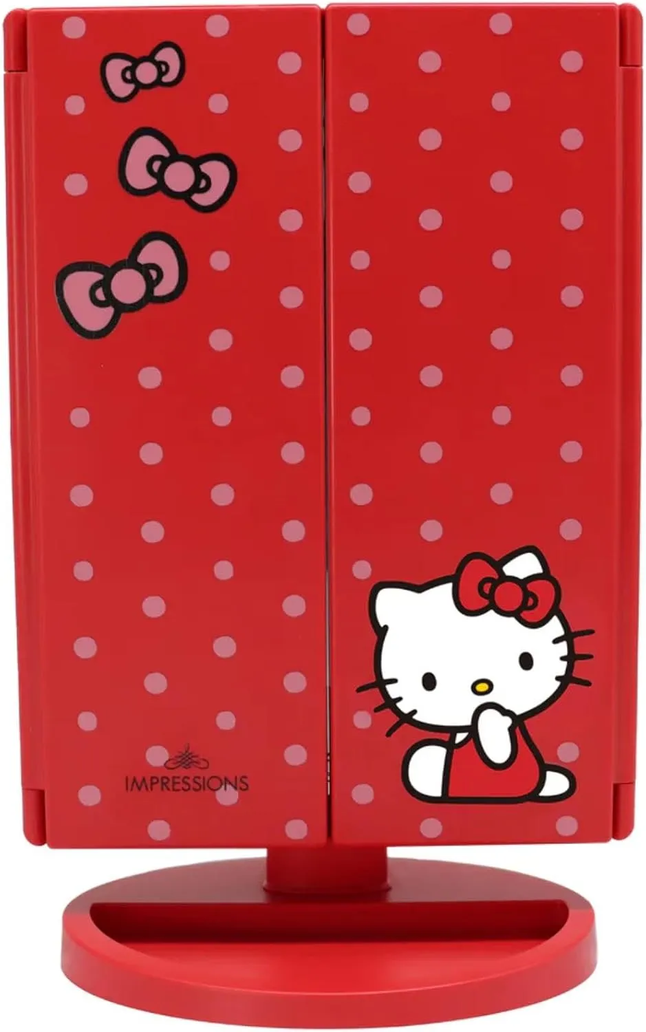Impressions Vanity Hello Kitty Bows Trifold LED Makeup Mirror for Desk, 3 Way View Foldable Vanity Mirror with Lights, Adjustable Tilt Height, 2X and 3X Magnification and Soft Touch Control (Red)