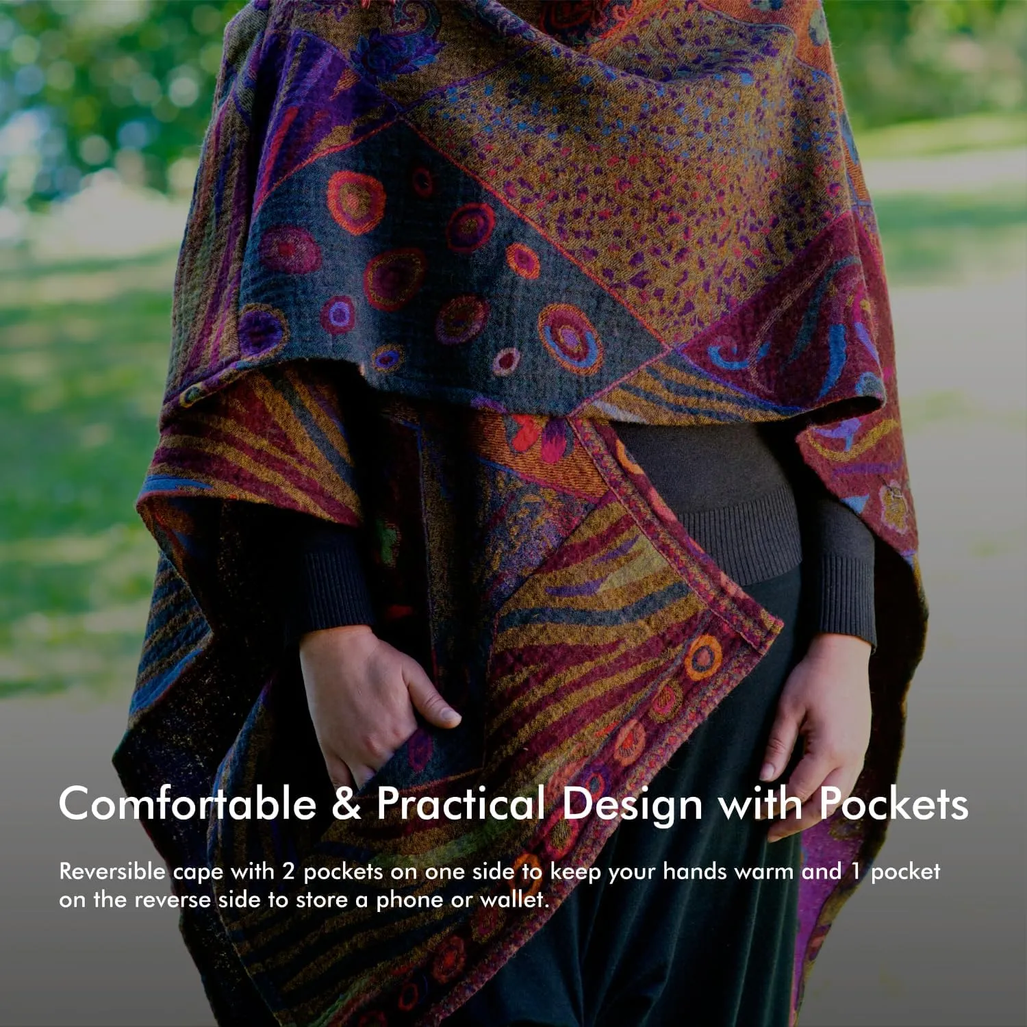 In Style 100% Australian Superfine Merino Wool Handmade Reversible Open Front Cape Ruana With Pockets