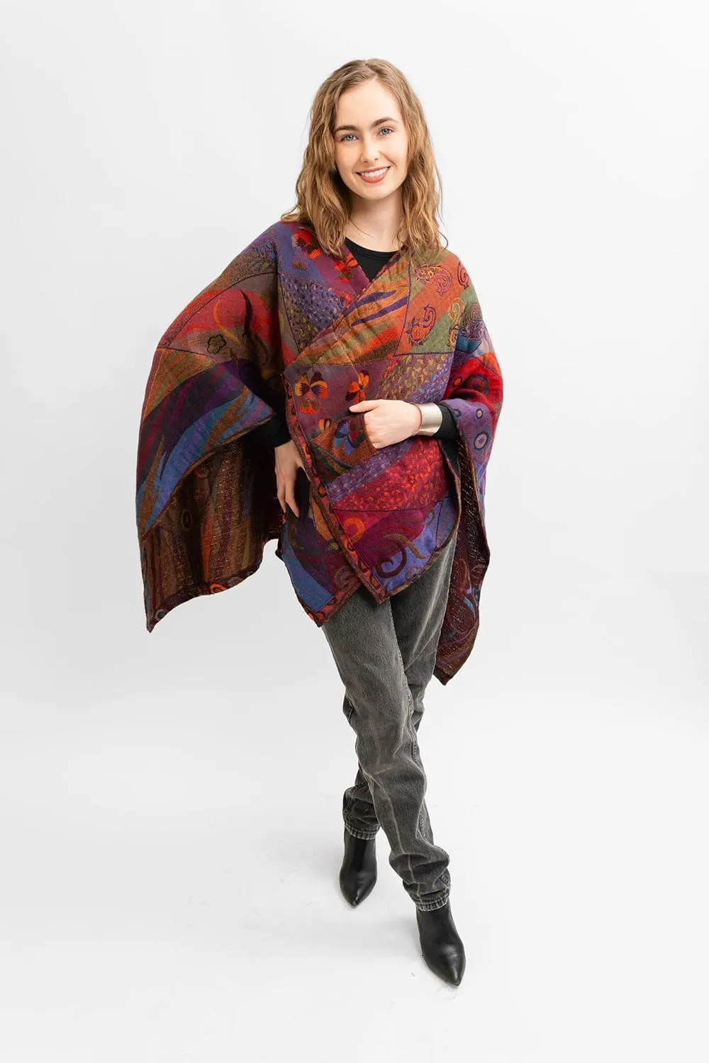 In Style 100% Australian Superfine Merino Wool Handmade Reversible Open Front Cape Ruana With Pockets