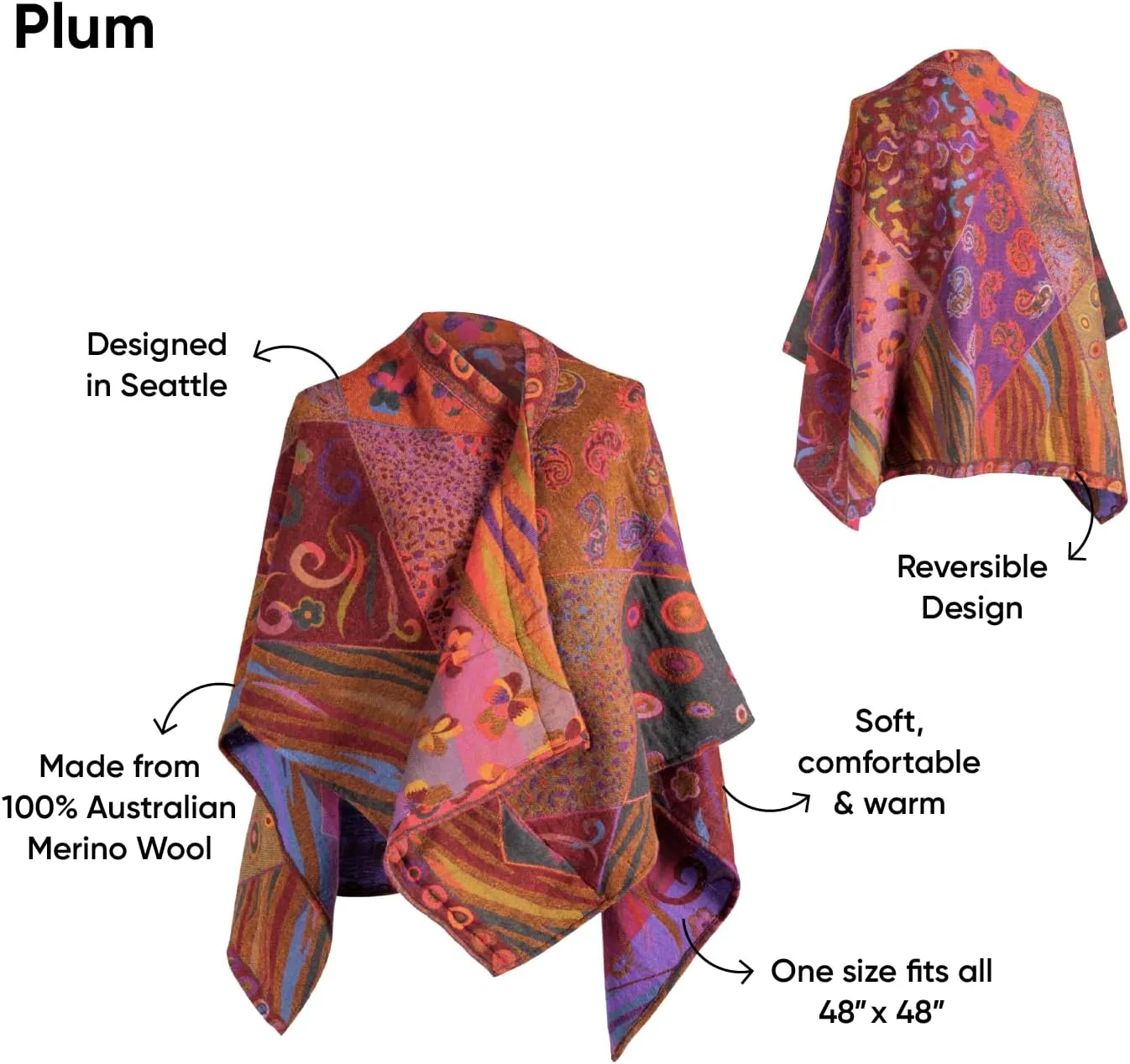 In Style 100% Australian Superfine Merino Wool Handmade Reversible Open Front Cape Ruana With Pockets