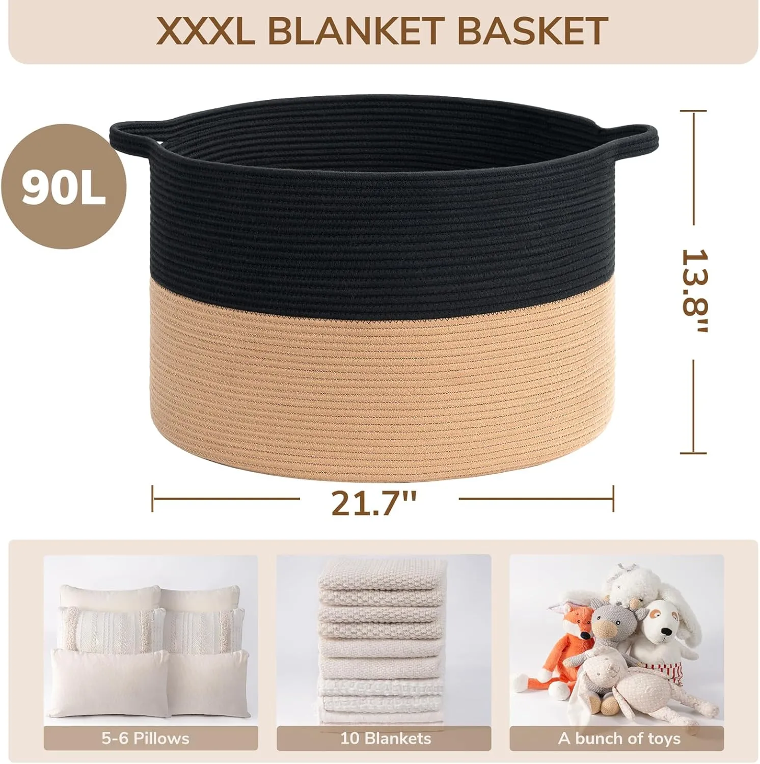 INDRESSME XXXLarge Cotton Rope Basket Woven Baby Laundry Basket Blanket Baskets Toy Baskets with Handle Comforter Cushions Storage Bin Thread Laundry Hamper - 21.7" x 21.7" x 13.8"