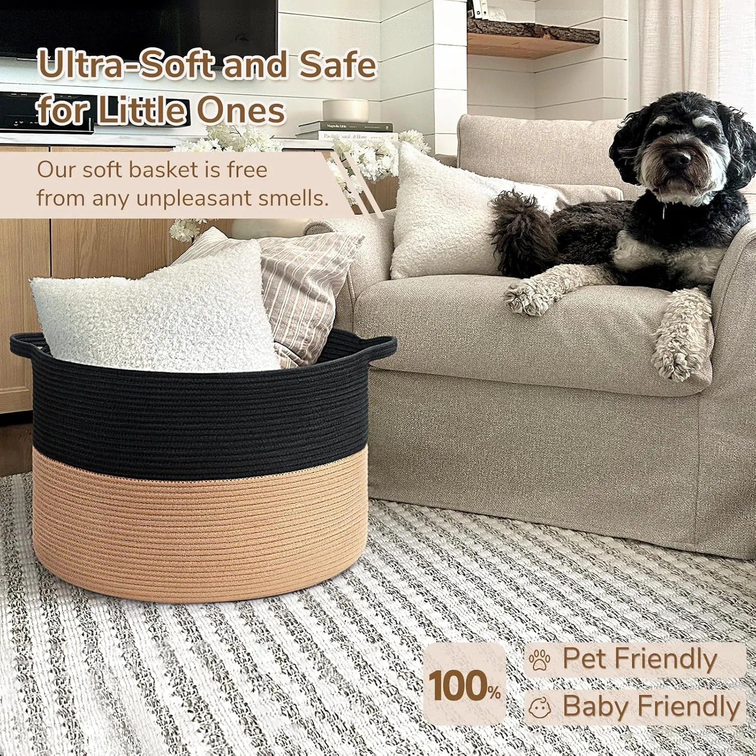 INDRESSME XXXLarge Cotton Rope Basket Woven Baby Laundry Basket Blanket Baskets Toy Baskets with Handle Comforter Cushions Storage Bin Thread Laundry Hamper - 21.7" x 21.7" x 13.8"