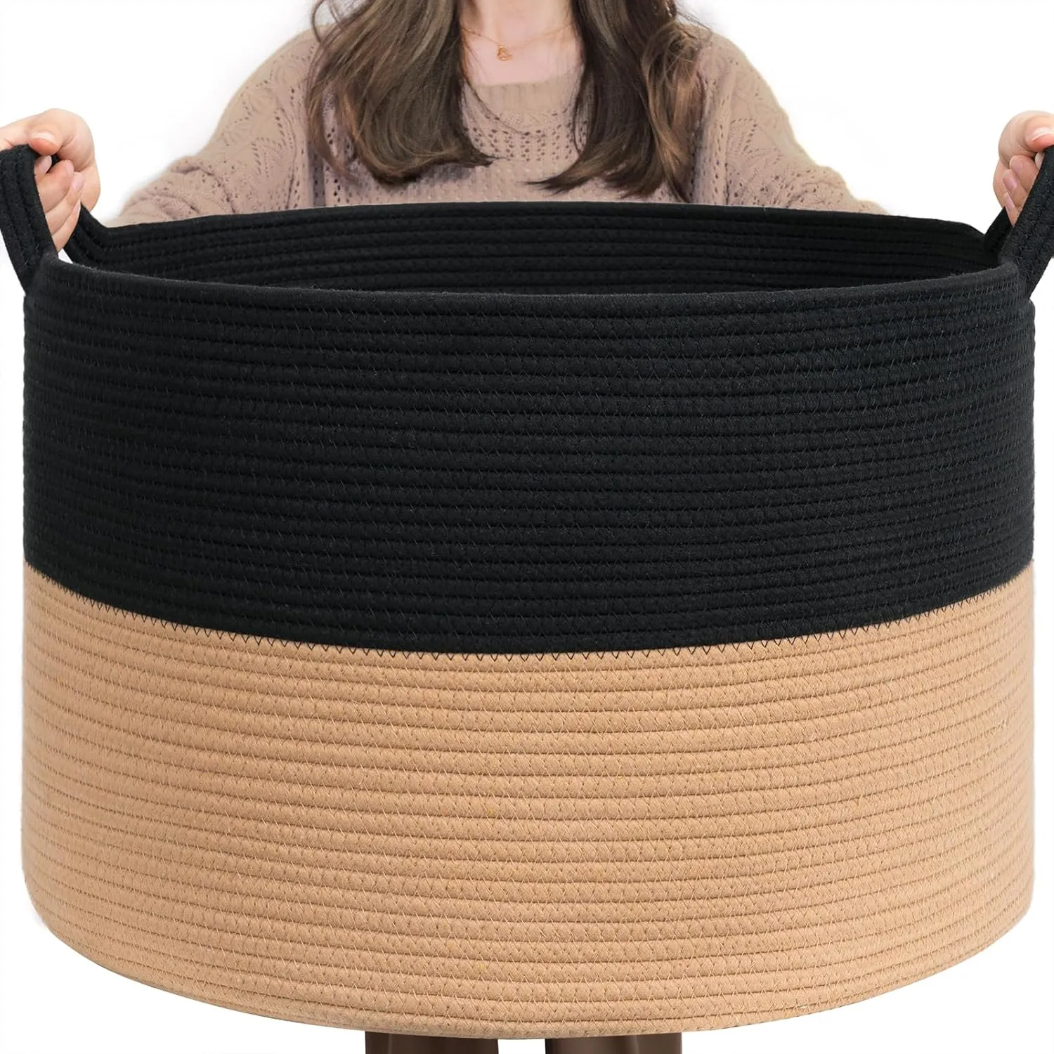 INDRESSME XXXLarge Cotton Rope Basket Woven Baby Laundry Basket Blanket Baskets Toy Baskets with Handle Comforter Cushions Storage Bin Thread Laundry Hamper - 21.7" x 21.7" x 13.8"