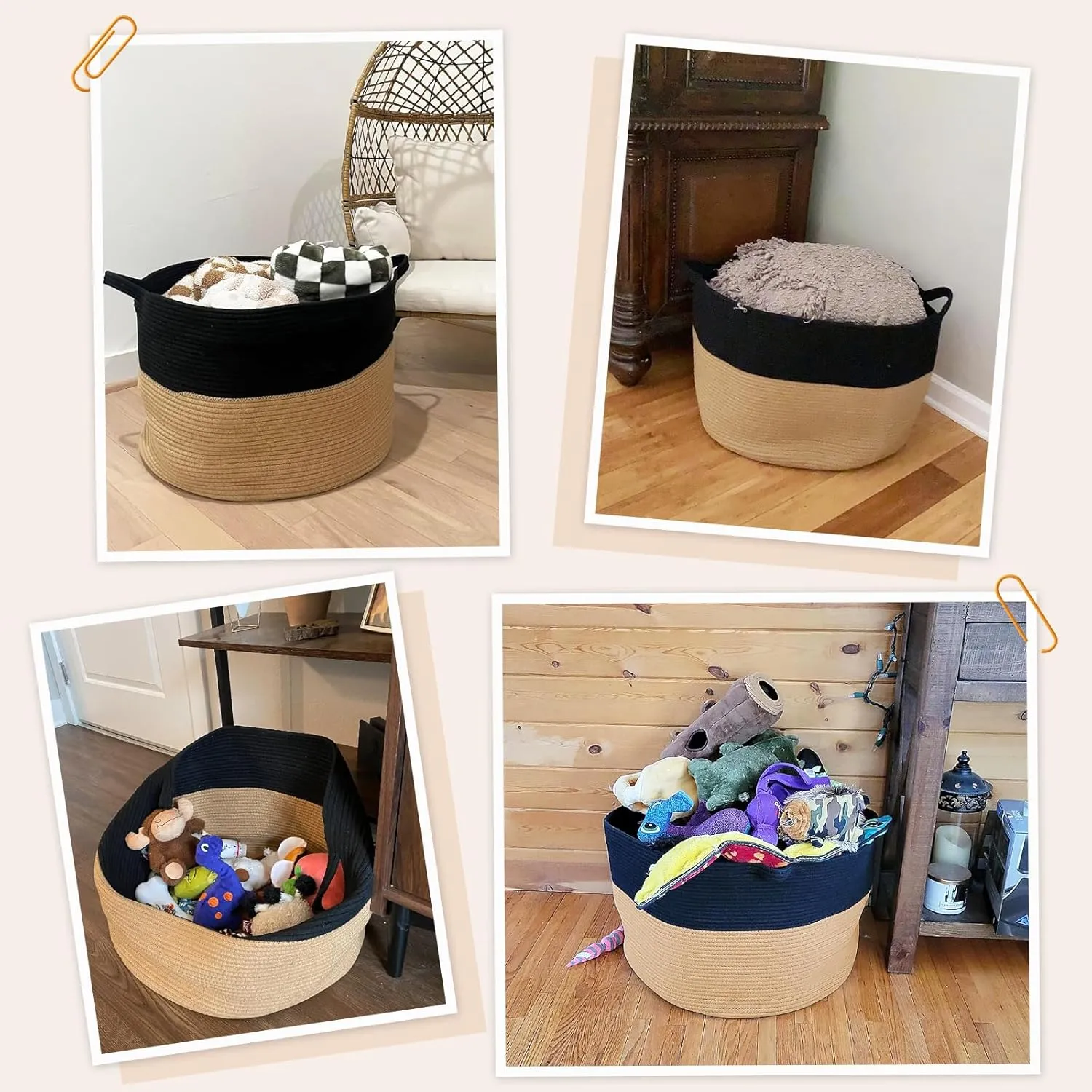 INDRESSME XXXLarge Cotton Rope Basket Woven Baby Laundry Basket Blanket Baskets Toy Baskets with Handle Comforter Cushions Storage Bin Thread Laundry Hamper - 21.7" x 21.7" x 13.8"