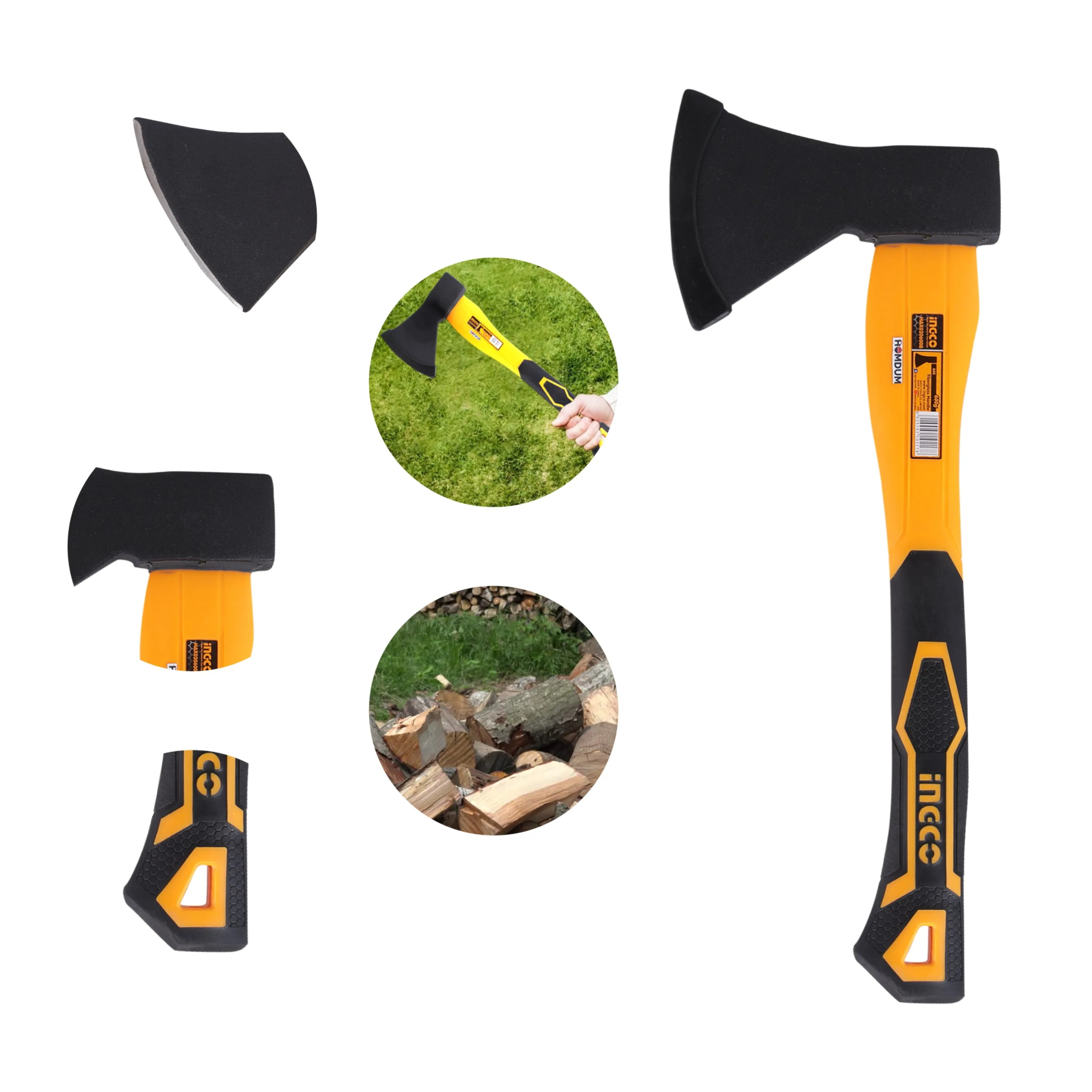 Ingco Camping Axe 1000g HAX02010008  Heavy Duty Forged Steel Head with 380 mm Fiberglass Rubberized Grip Handle for Perfect Strike Hatchet Hand Axe for Gardening Wood Cutting & Splitting.