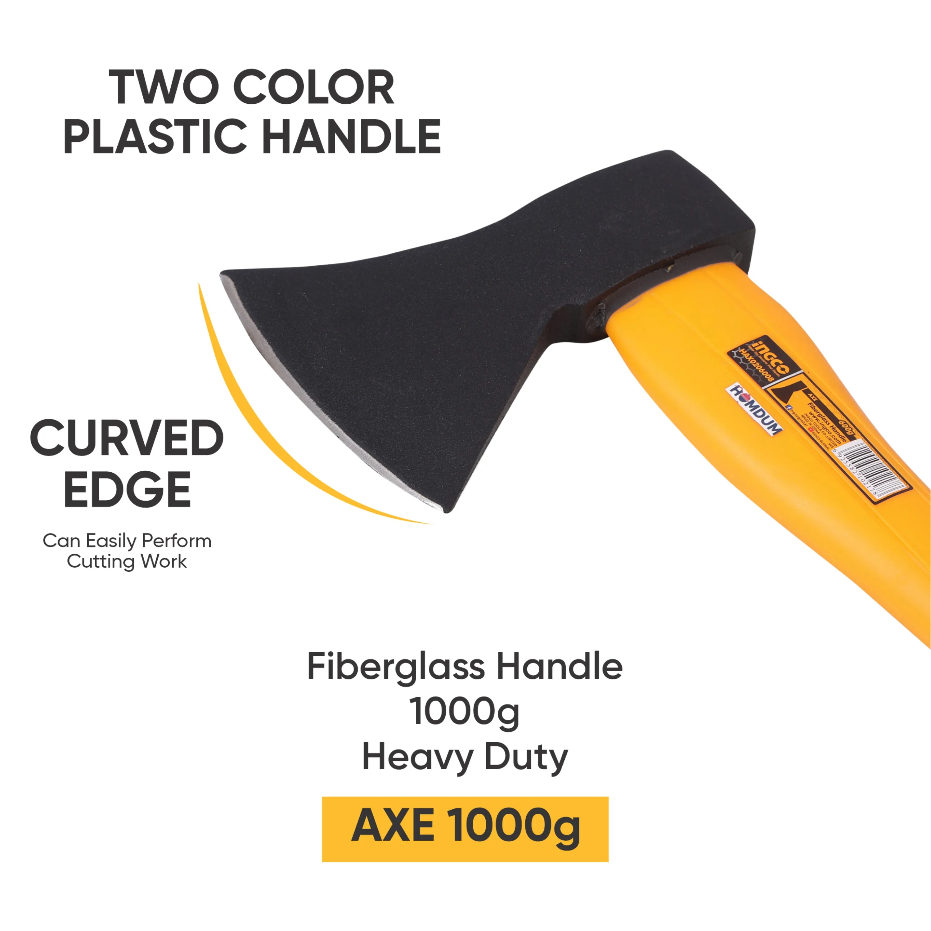 Ingco Camping Axe 1000g HAX02010008  Heavy Duty Forged Steel Head with 380 mm Fiberglass Rubberized Grip Handle for Perfect Strike Hatchet Hand Axe for Gardening Wood Cutting & Splitting.