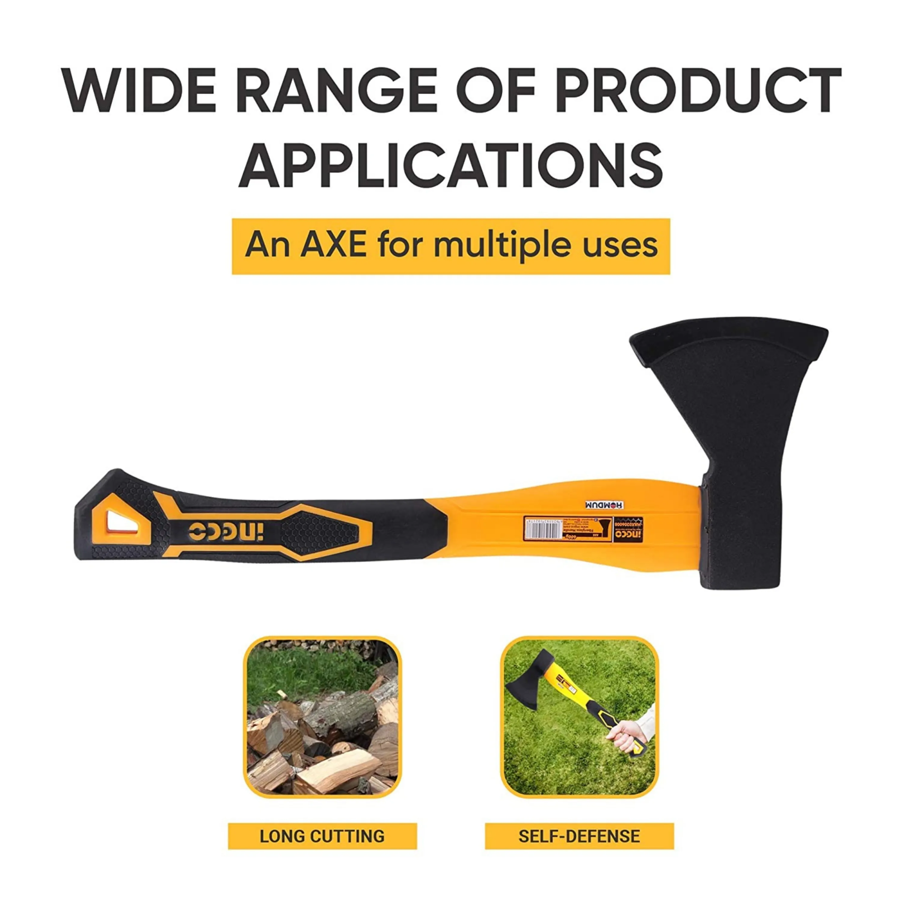 Ingco Camping Axe 600g HAX0206008 Heavy Duty Forged Steel Head with 380 mm Fiberglass Rubberized Grip Handle for Perfect Strike Hatchet Hand Axe for Gardening Wood Cutting & Splitting.
