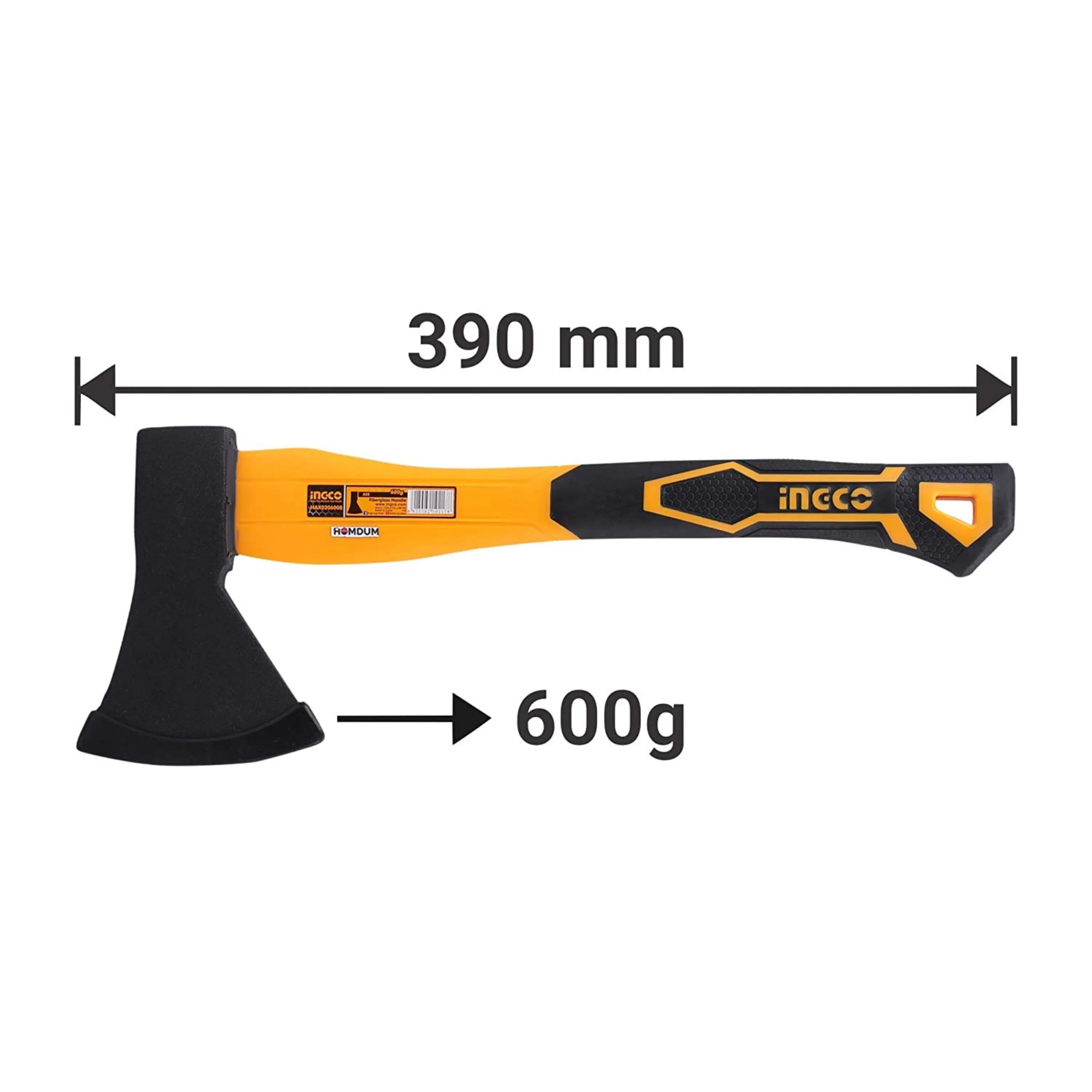 Ingco Camping Axe 600g HAX0206008 Heavy Duty Forged Steel Head with 380 mm Fiberglass Rubberized Grip Handle for Perfect Strike Hatchet Hand Axe for Gardening Wood Cutting & Splitting.