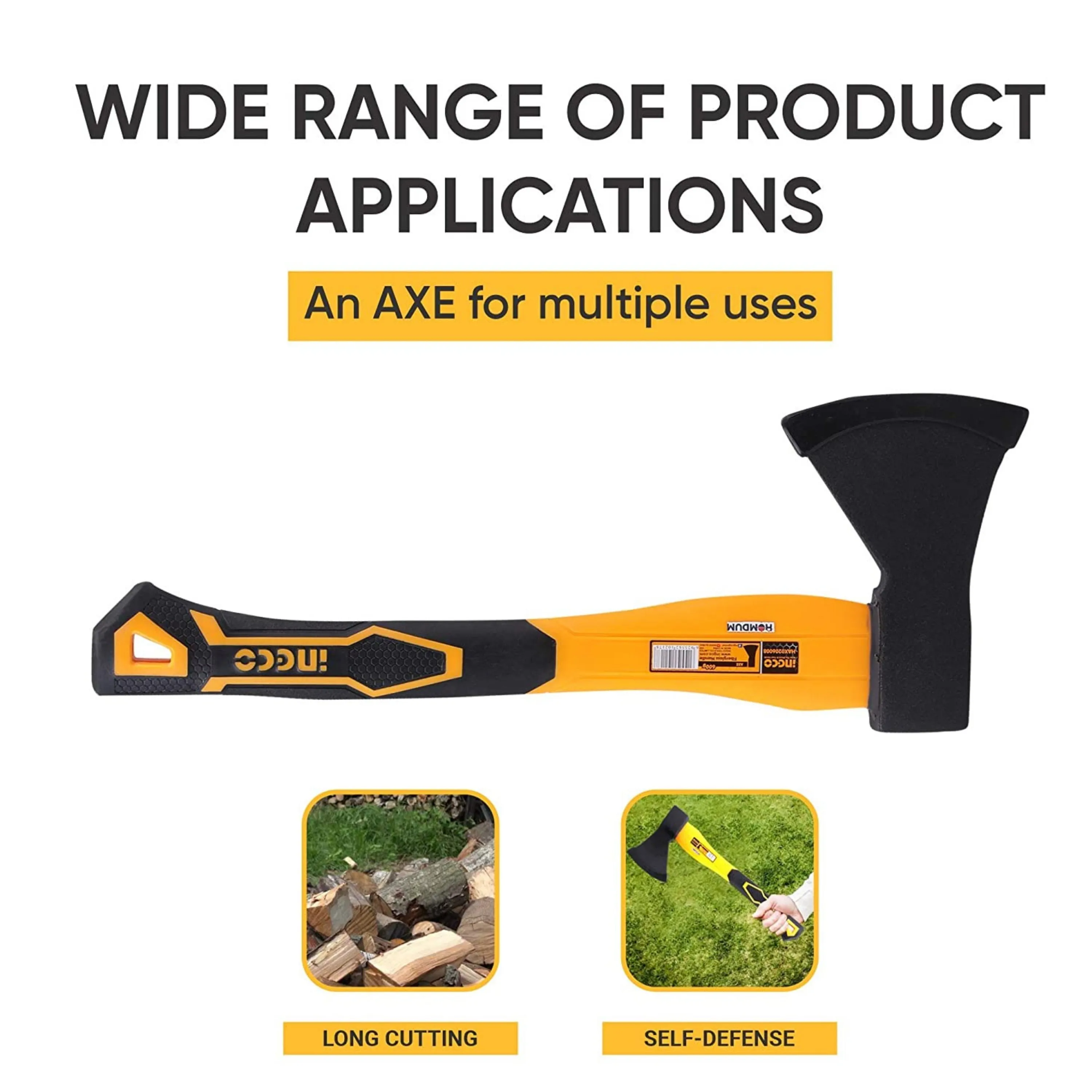 Ingco Camping Axe 800g HAX0208008 Heavy Duty Forged Steel Head with 380 mm Fiberglass Rubberized Grip Handle for Perfect Strike Hatchet Hand Axe for Gardening Wood Cutting & Splitting.