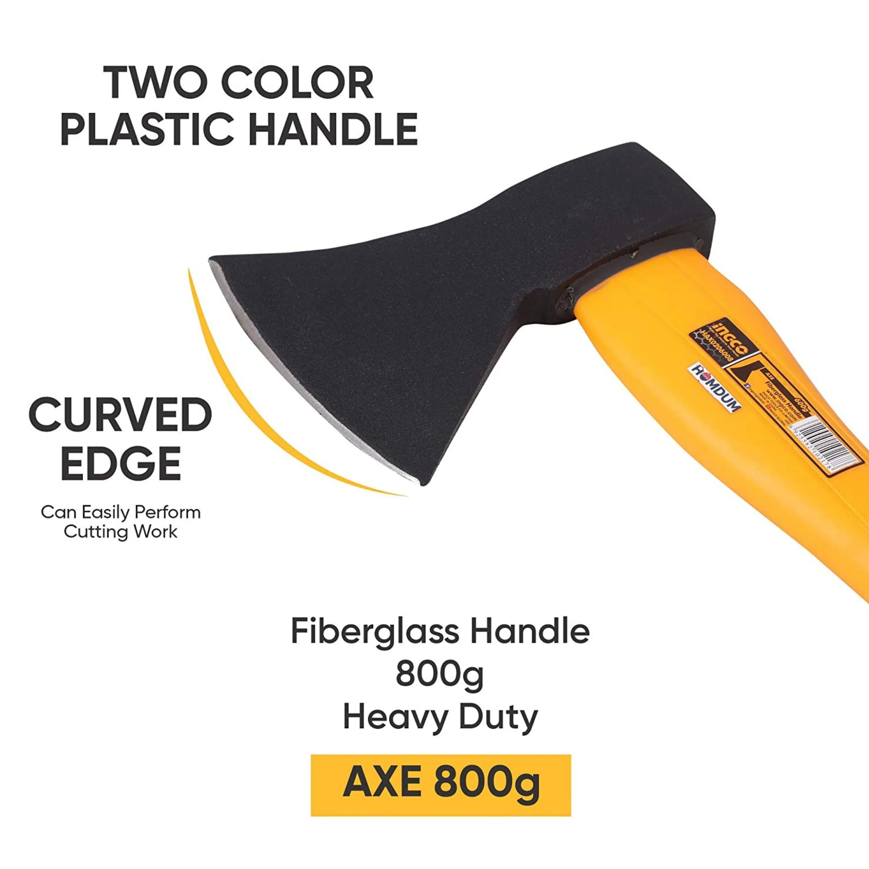 Ingco Camping Axe 800g HAX0208008 Heavy Duty Forged Steel Head with 380 mm Fiberglass Rubberized Grip Handle for Perfect Strike Hatchet Hand Axe for Gardening Wood Cutting & Splitting.
