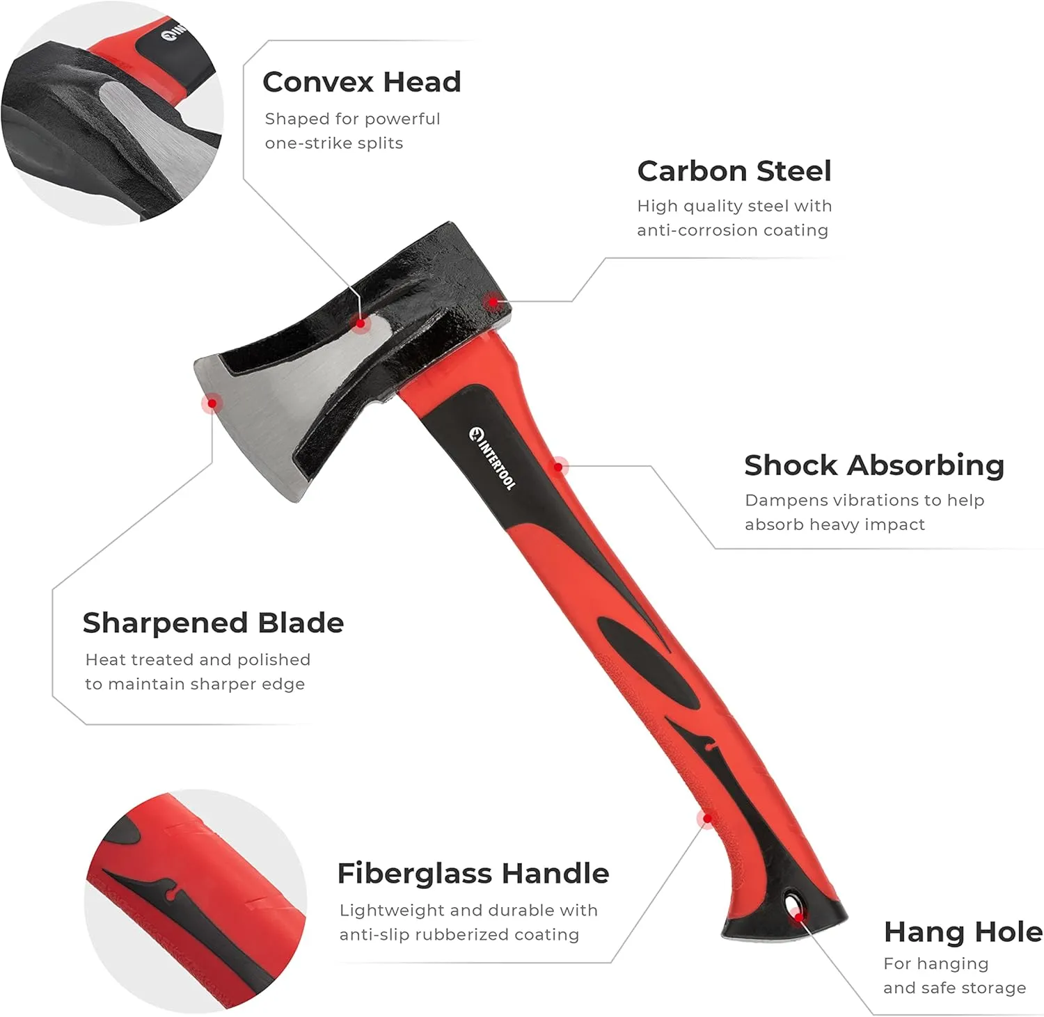 INTERTOOL 15” Wood Splitting Hatchet, 2.2 lbs, Small Splitter Maul, Firewood Camp Axe, Shock Absorbing Anti-Slip Handle HT-0274
