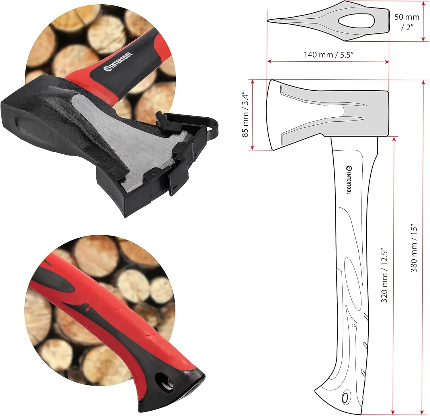 INTERTOOL 15” Wood Splitting Hatchet, 2.2 lbs, Small Splitter Maul, Firewood Camp Axe, Shock Absorbing Anti-Slip Handle HT-0274