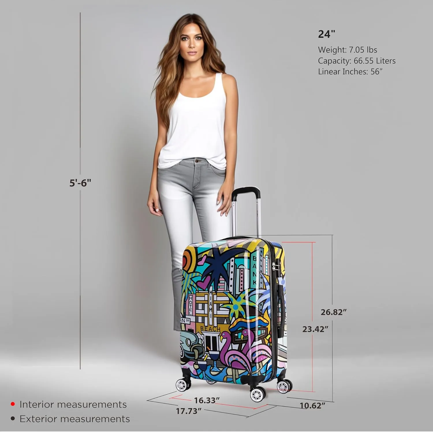 InUSA Miami Print Luggage with Spinner Wheels | Durable Lightweight Hardside Suitcase | Travel Bag with Handle and Trolley | 24-Inch Medium Checked luggage