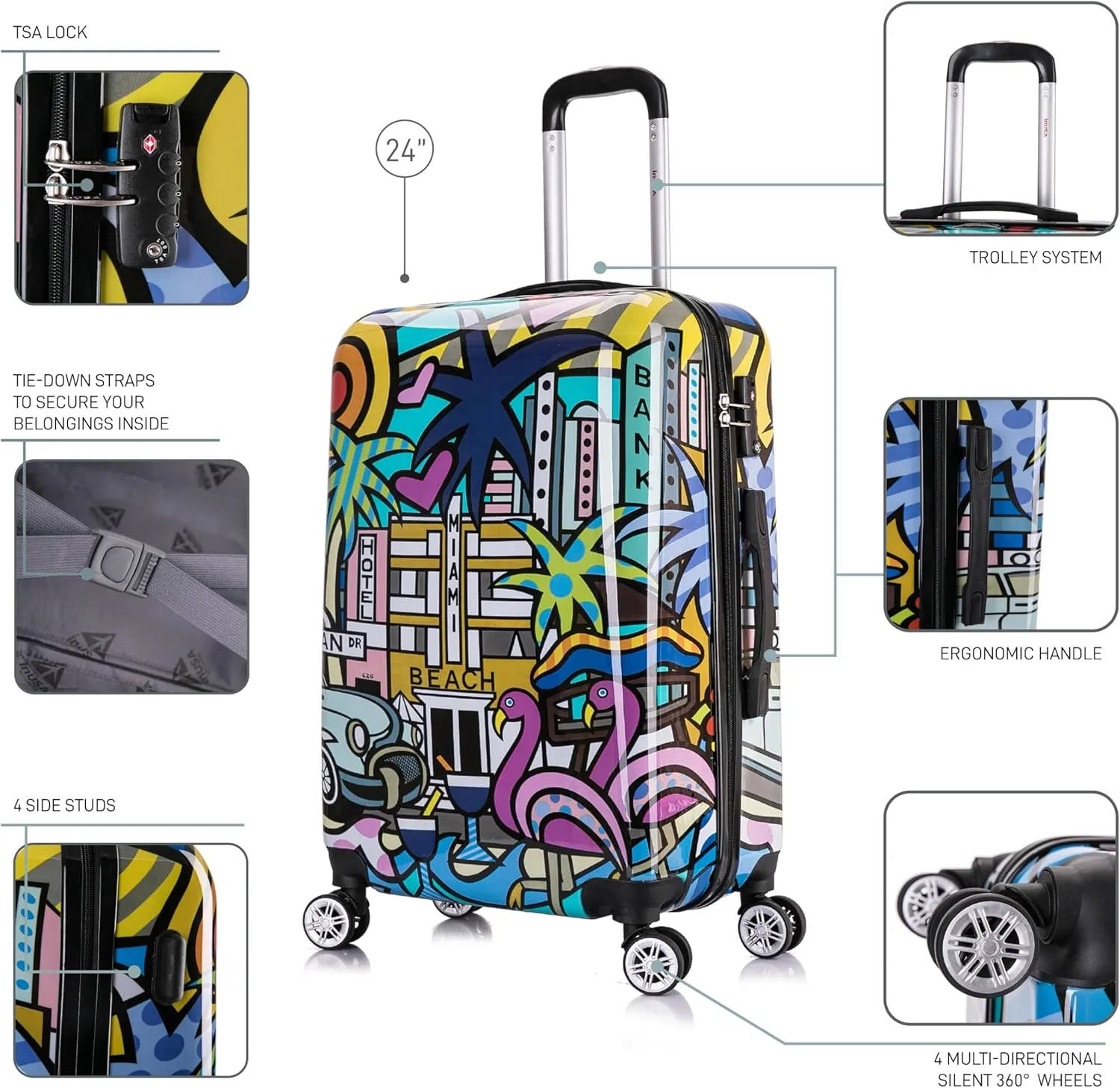 InUSA Miami Print Luggage with Spinner Wheels | Durable Lightweight Hardside Suitcase | Travel Bag with Handle and Trolley | 24-Inch Medium Checked luggage