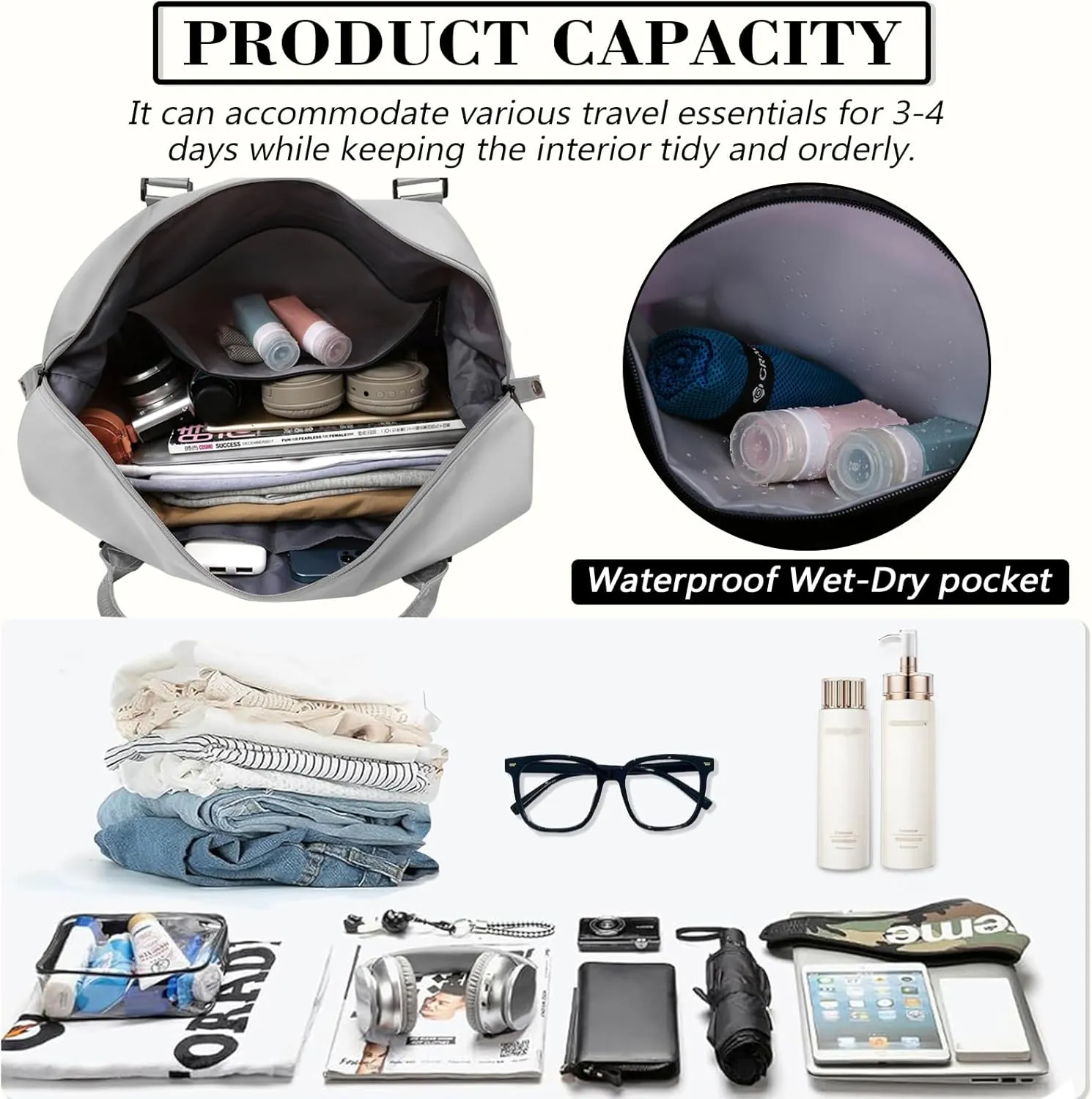 INVODA Travel Duffel Bag Sports Tote Gym Bag Shoulder Weekender Overnight Bag Carry on Travel Bag for Women (grey)