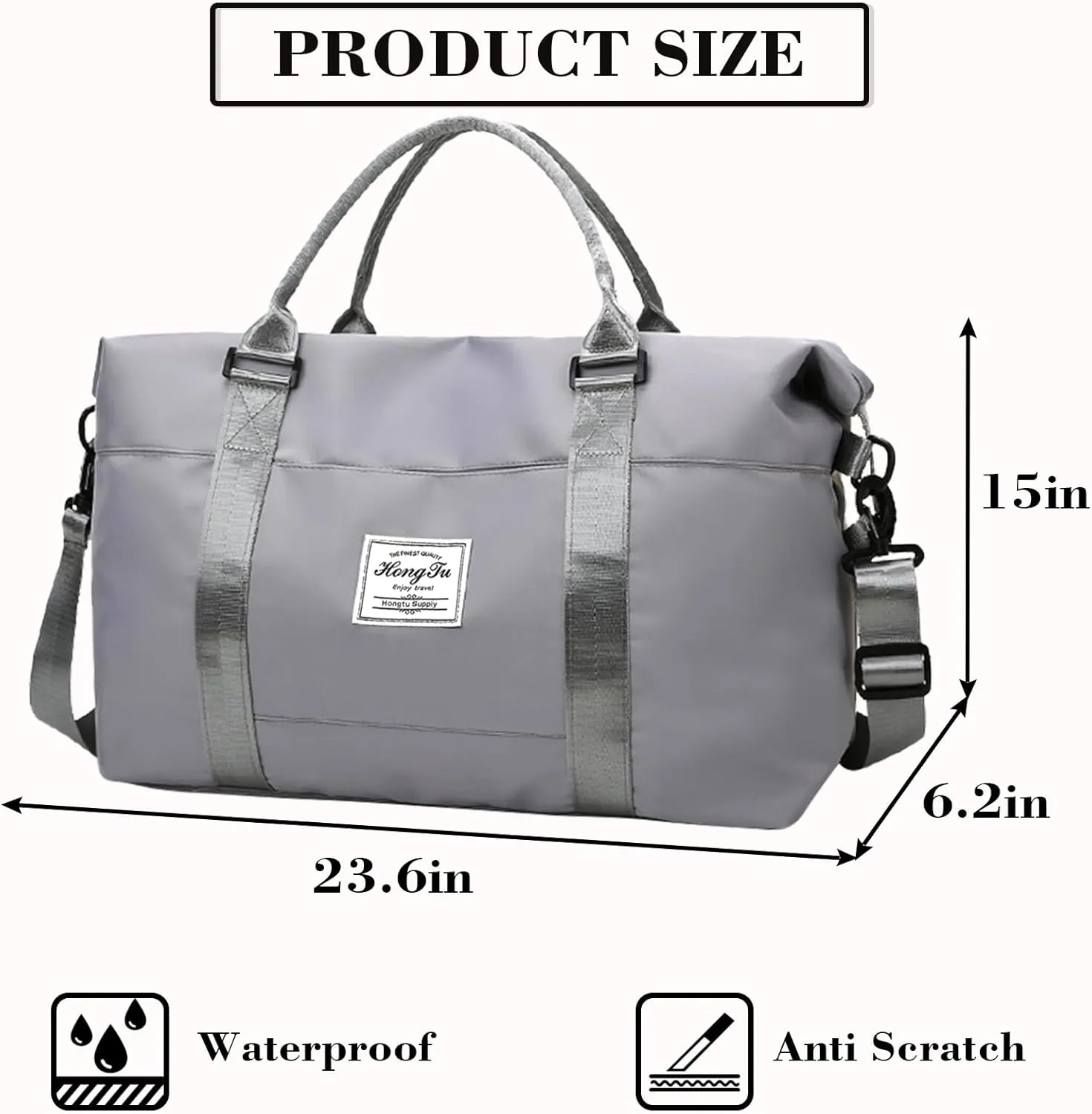 INVODA Travel Duffel Bag Sports Tote Gym Bag Shoulder Weekender Overnight Bag Carry on Travel Bag for Women (grey)