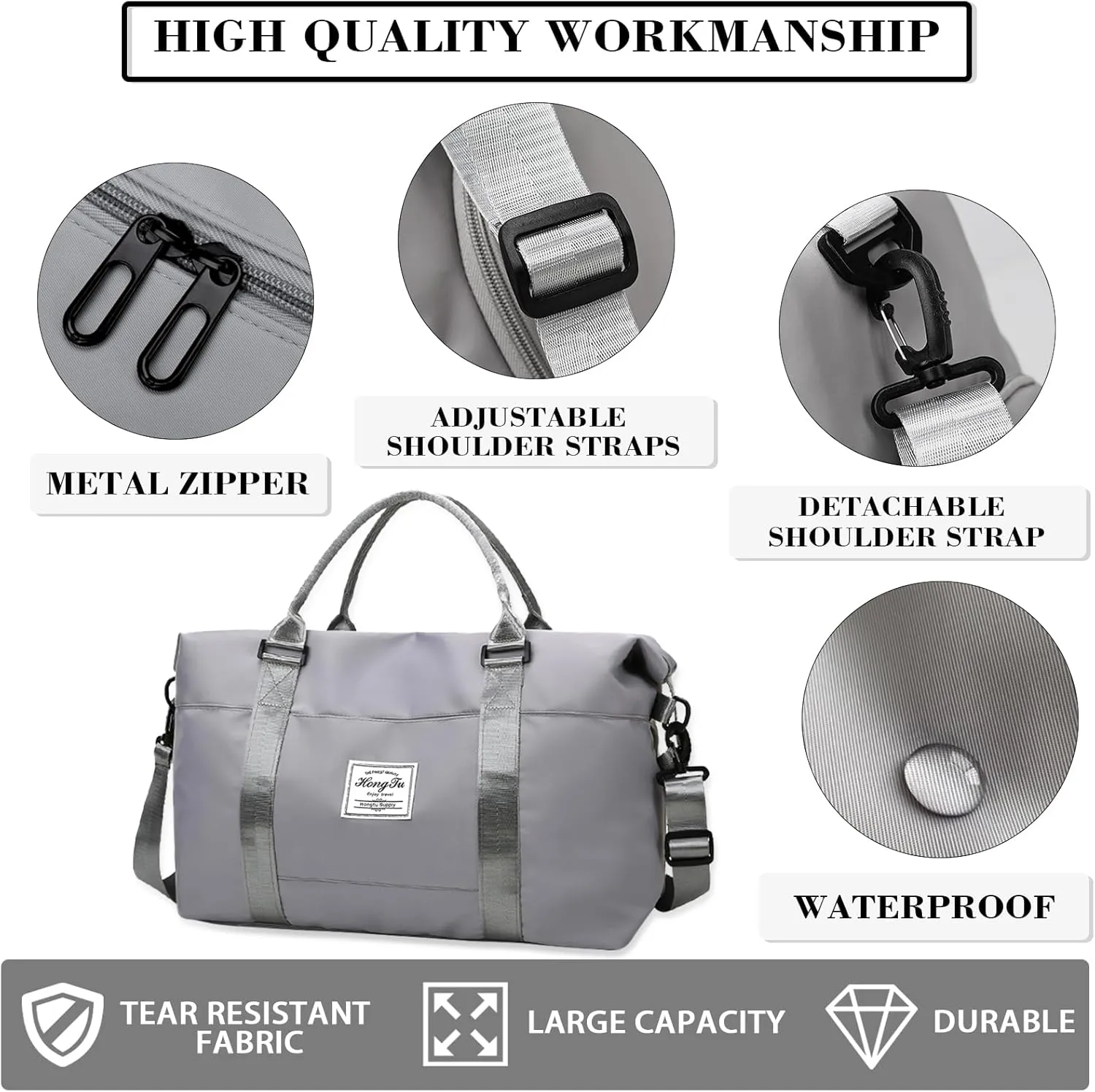 INVODA Travel Duffel Bag Sports Tote Gym Bag Shoulder Weekender Overnight Bag Carry on Travel Bag for Women (grey)