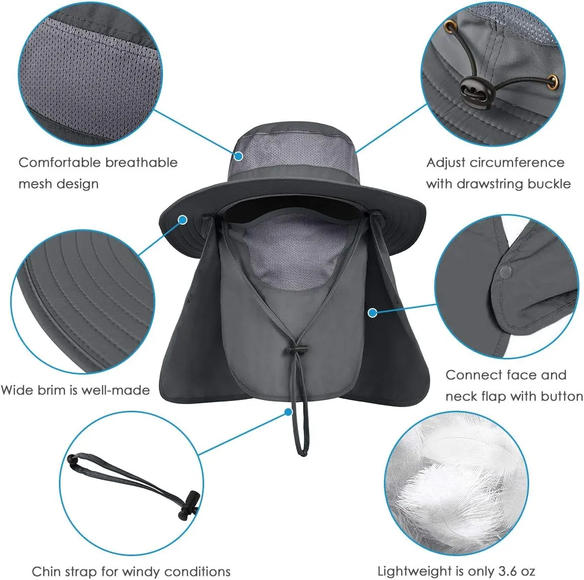 IYEBRAO Mens Outdoor Sun Hat with Face Neck Flap UV Protection Wide Brim Fishing Hat for Hiking Safari Gardening UPF 50 
