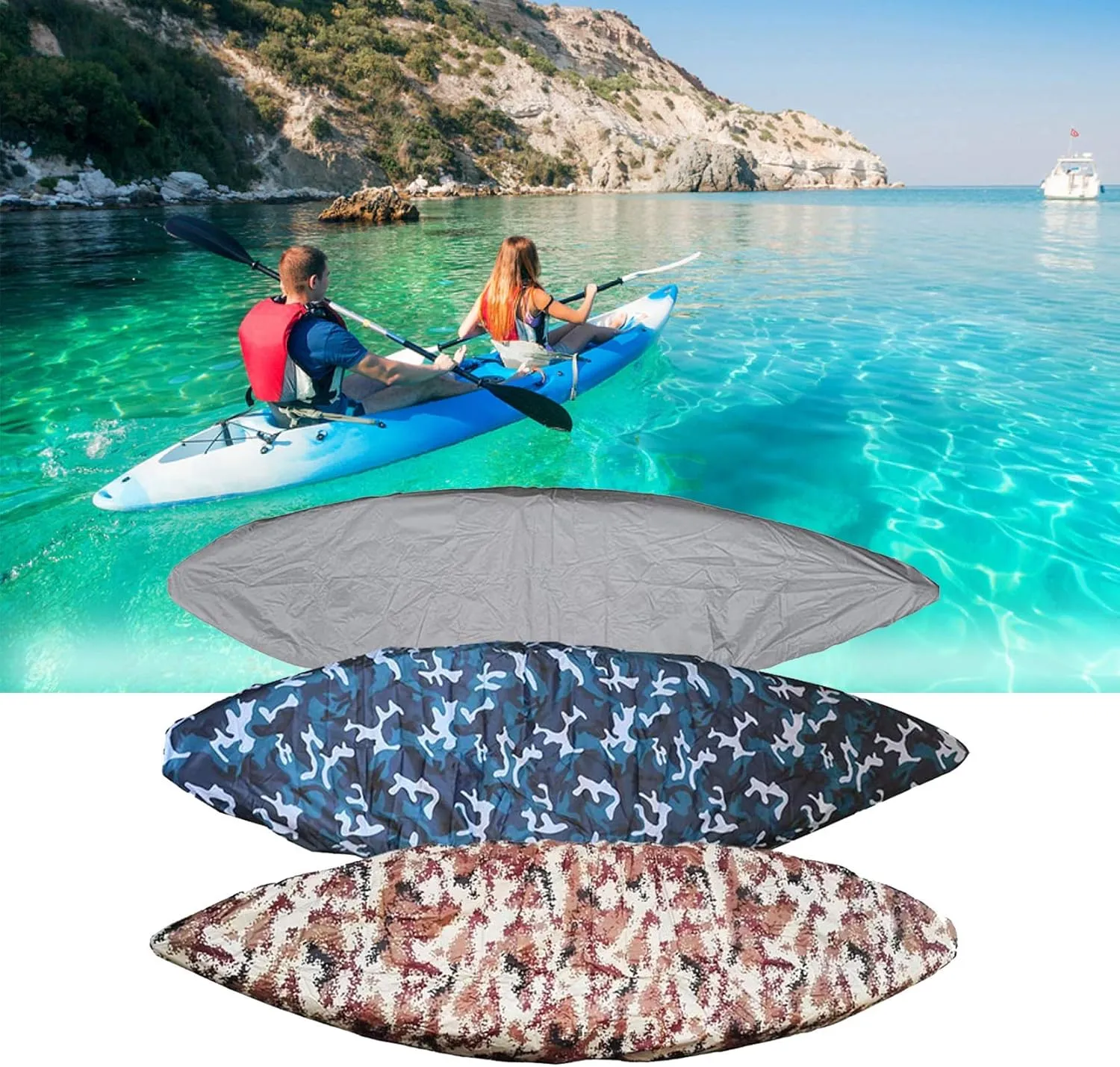 J&C Kayak Covers for Outdoor Storage Waterproof Canoe Cover Dust Proof Fits for 10ft 12ft 13ft 14ft 15 16 17 18 19 ft 200D Polyester Anti Sunlight (18.4-19.7ft /5.6-6m, Desert Camouflage)
