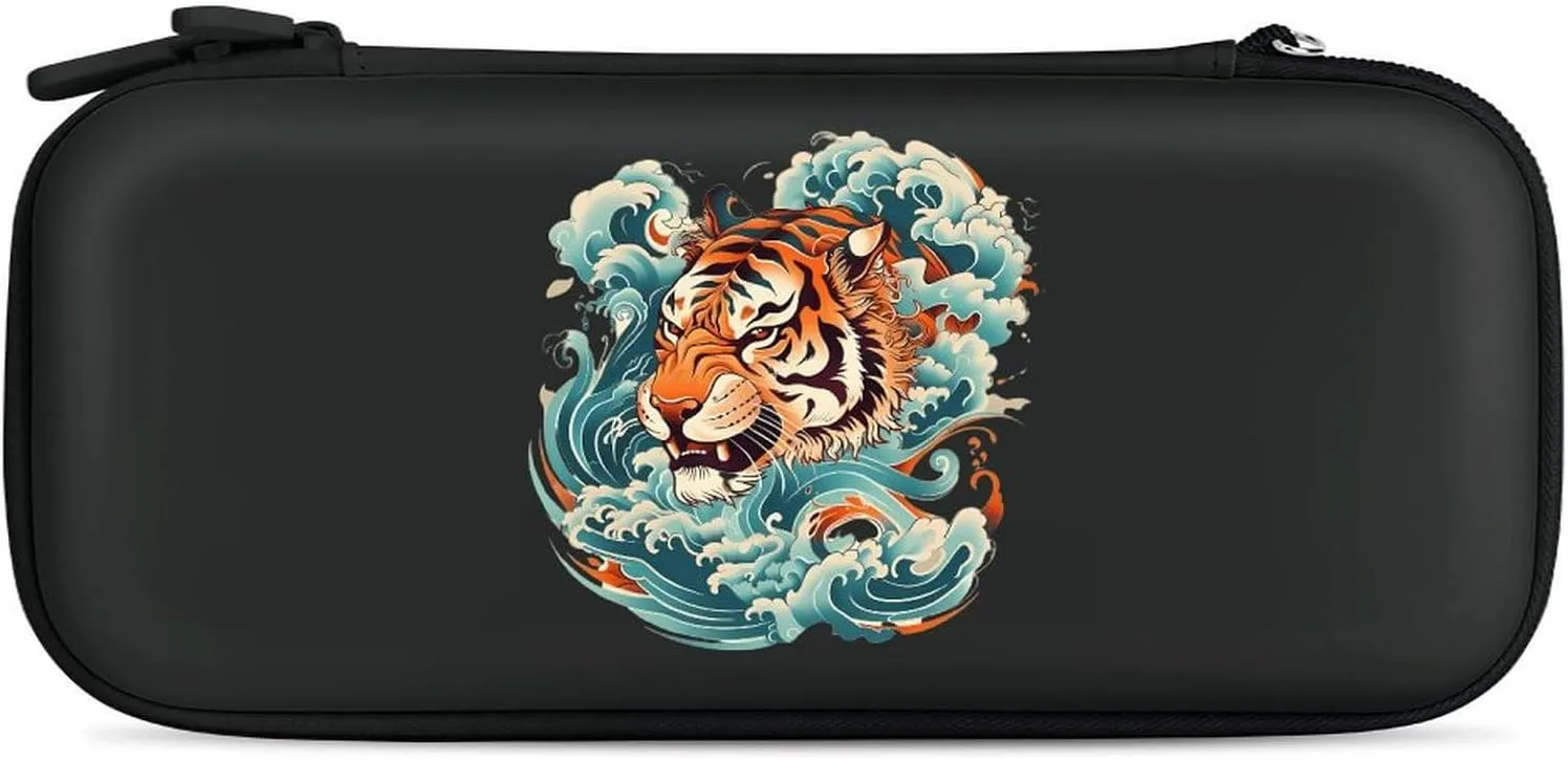 Japanese Tiger Head Waves Hard Shell Travel Case with Rope 15 Game Card Pockets Compatible with Switch Protective