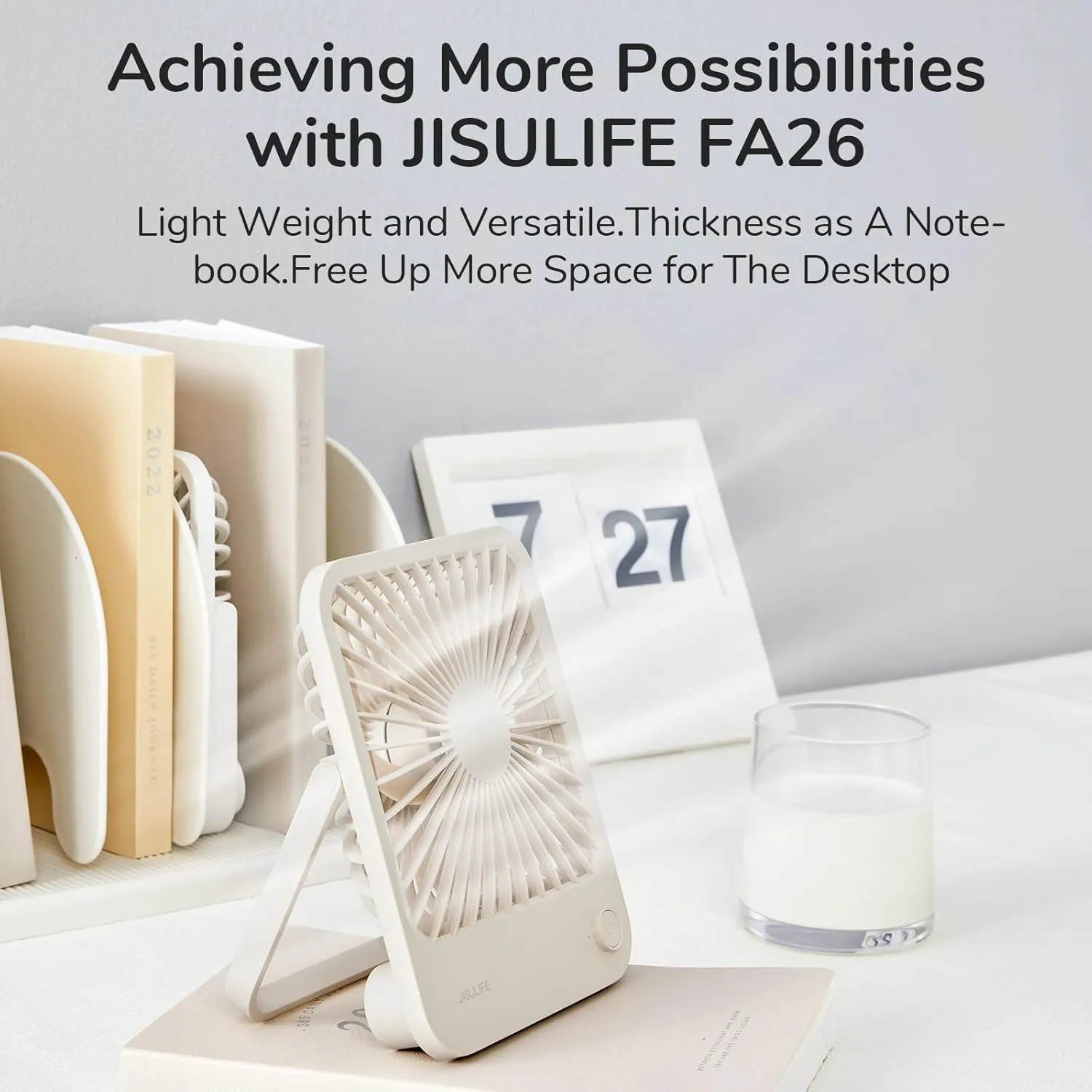 JISULIFE Desk Fan Battery Rechargeable, 4500mAh 180°Foldable Portable Personal Fan, 4 Speeds Adjustable Long Battery-life for Home Office Travel Outdoor Gifts for Women Men-Brown