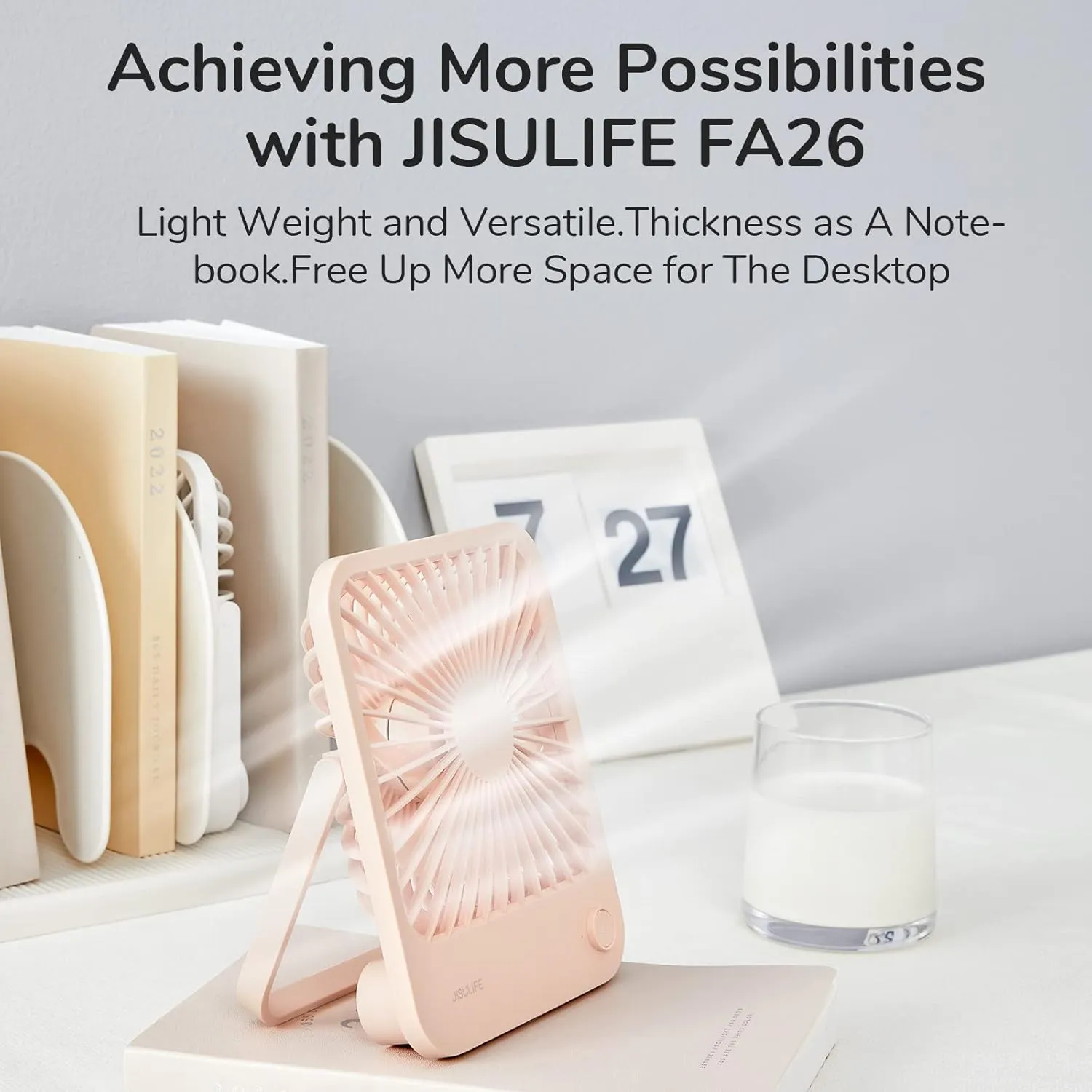JISULIFE Desk Fan Battery Rechargeable, 4500mAh 180°Foldable Portable Personal Fan, 4 Speeds Adjustable Long Battery-life for Home Office Travel Outdoor Gifts for Women Men-Pink