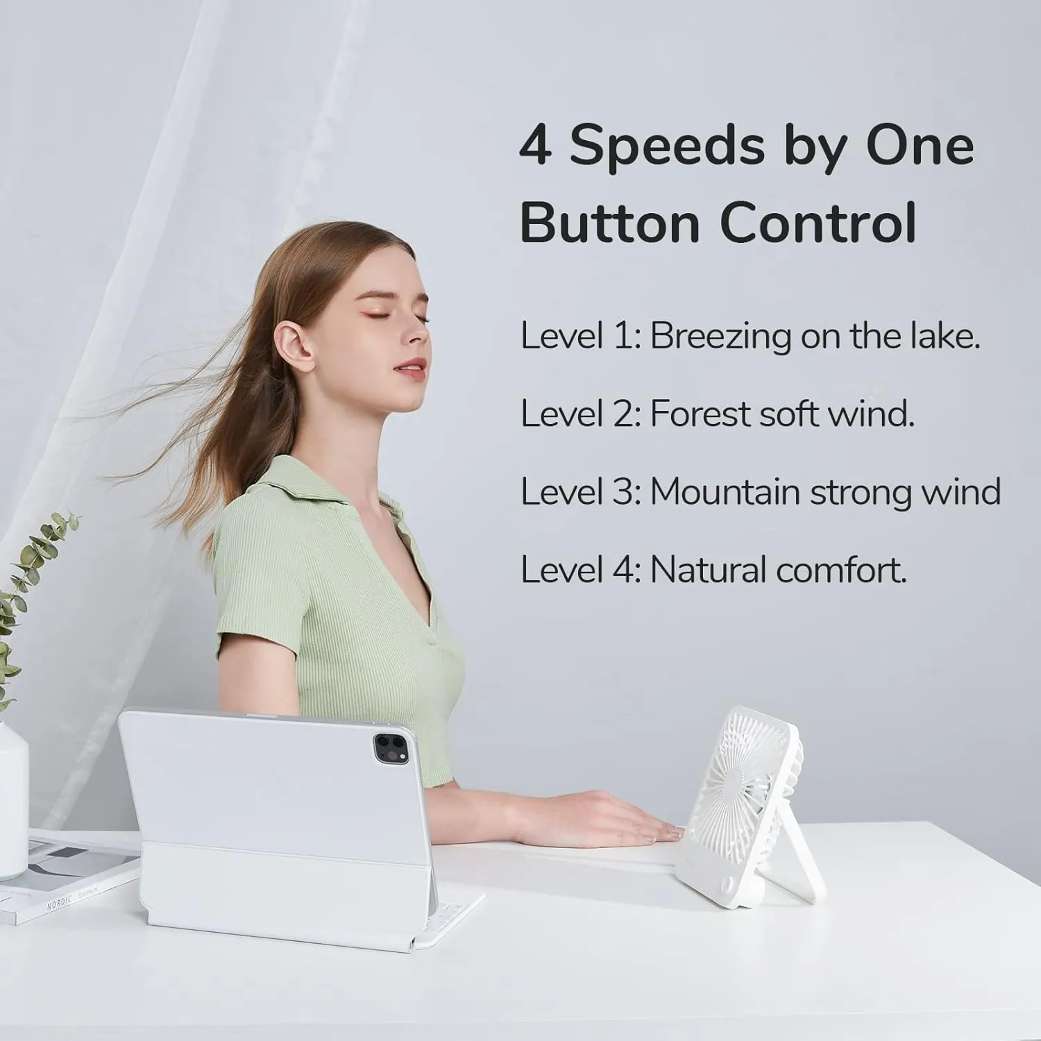 JISULIFE Desk Fan Battery Rechargeable, 4500mAh 180°Foldable Portable Personal Fan, 4 Speeds Adjustable Long Battery-life for Home Office Travel Outdoor Gifts for Women Men-White