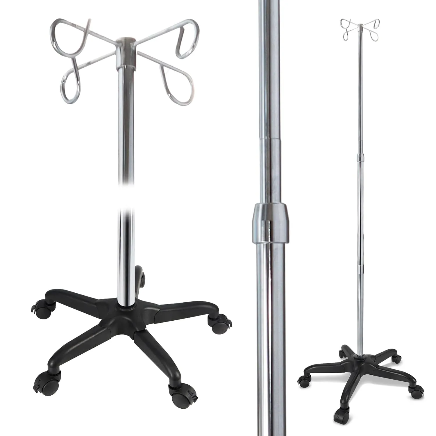 JJ CARE IV Pole with Wheels [Upgraded] 4 Hooks, 5 Caster Wheels with Lock Function, and Adjustable Height - Heavy Duty Plastic Base IV Stand Pole, IV Bag Holder, Infusion Stand - Chrome
