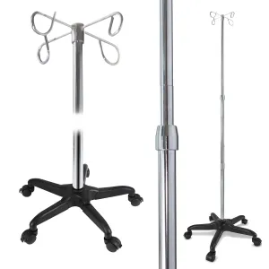 JJ CARE IV Pole with Wheels [Upgraded] 4 Hooks, 5 Caster Wheels with Lock Function, and Adjustable Height - Heavy Duty Plastic Base IV Stand Pole, IV Bag Holder, Infusion Stand - Chrome