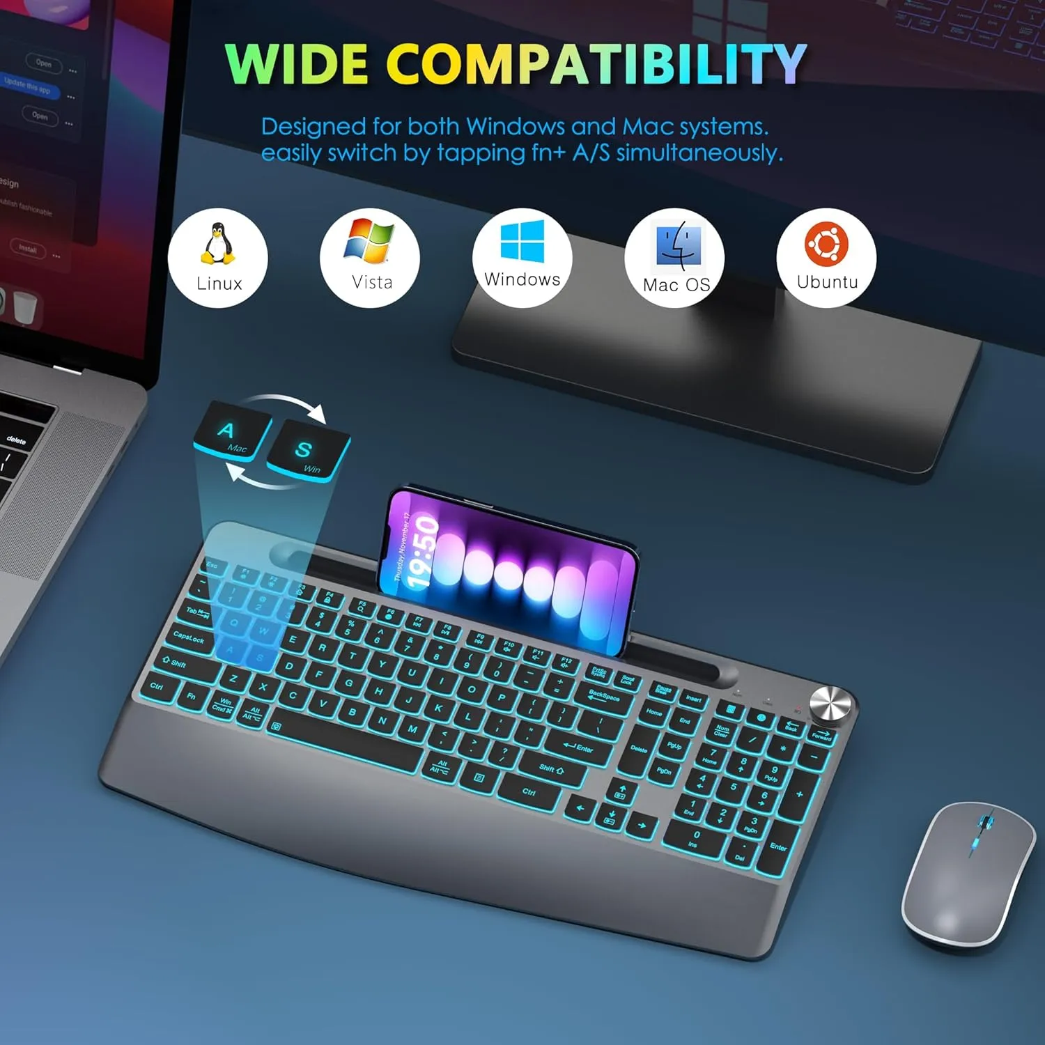 JOYACCESS Backlit Keyboard and Mouse, Ergonomic Wireless Backlit Keybaord with Phone Holder,Rechargeable Wireless Keyboard Mouse Combo with Light Up Keys for for Laptop, PC, Mac, Windows-Grey