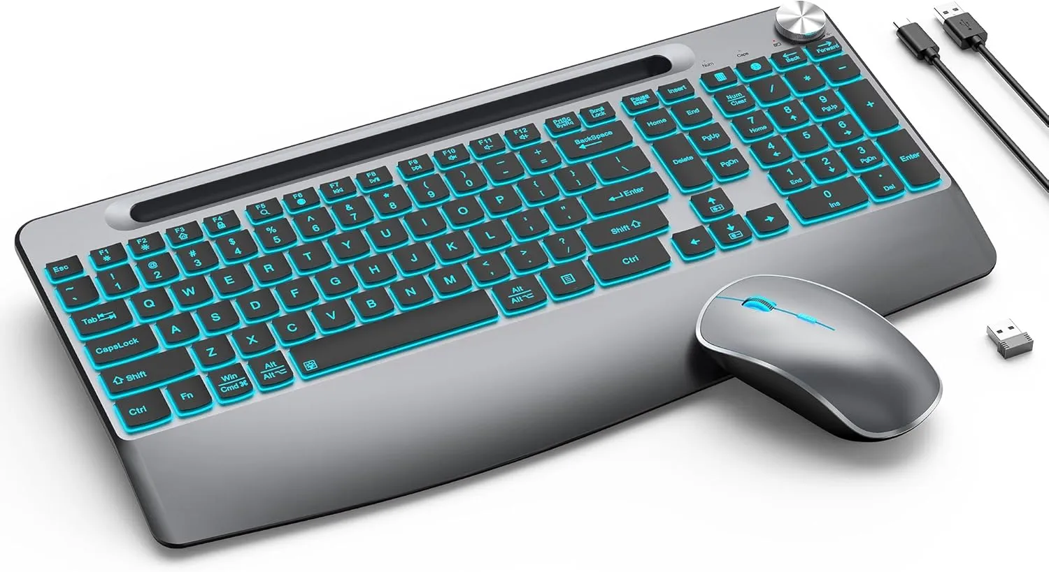 JOYACCESS Backlit Keyboard and Mouse, Ergonomic Wireless Backlit Keybaord with Phone Holder,Rechargeable Wireless Keyboard Mouse Combo with Light Up Keys for for Laptop, PC, Mac, Windows-Grey