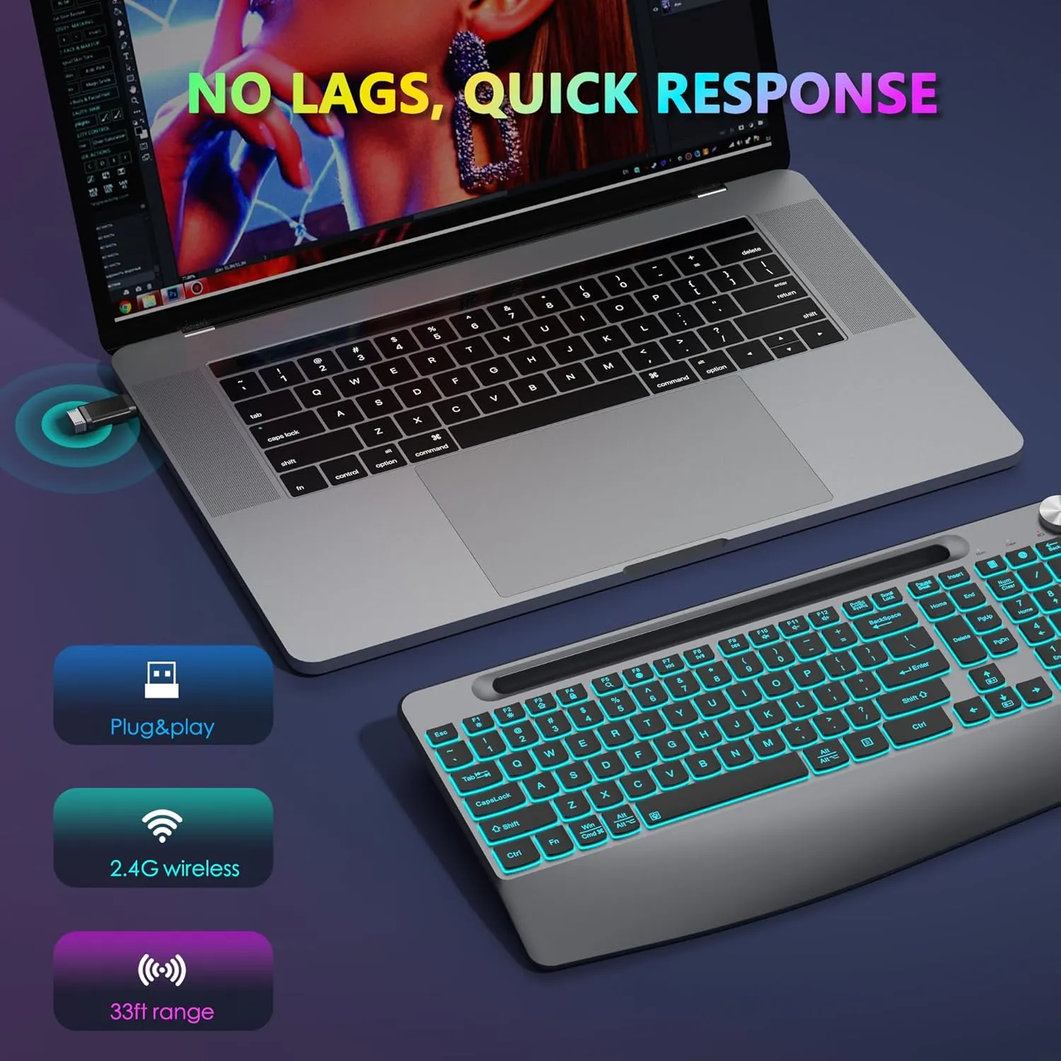JOYACCESS Backlit Keyboard and Mouse, Ergonomic Wireless Backlit Keybaord with Phone Holder,Rechargeable Wireless Keyboard Mouse Combo with Light Up Keys for for Laptop, PC, Mac, Windows-Grey
