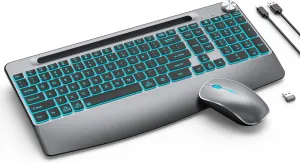 JOYACCESS Backlit Keyboard and Mouse, Ergonomic Wireless Backlit Keybaord with Phone Holder,Rechargeable Wireless Keyboard Mouse Combo with Light Up Keys for for Laptop, PC, Mac, Windows-Grey