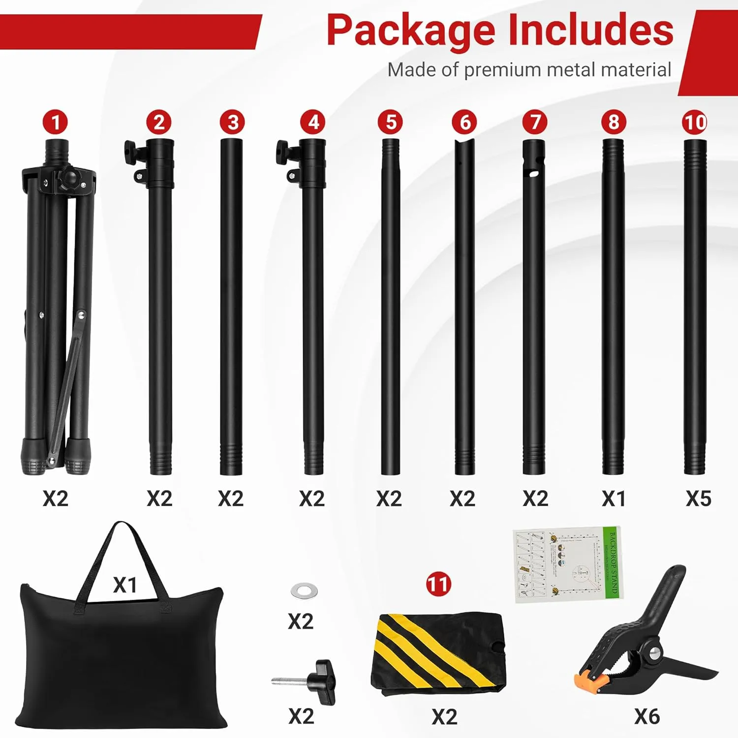 JSungo Backdrop Stand, Adjustable 10x7.5 FT Background Stand Backdrop for Parties, Photo Video Studio, Portable Photography Backdrop Stand with Carrying Bag, 6 Backdrop Clamps, and 2 Stand Bags