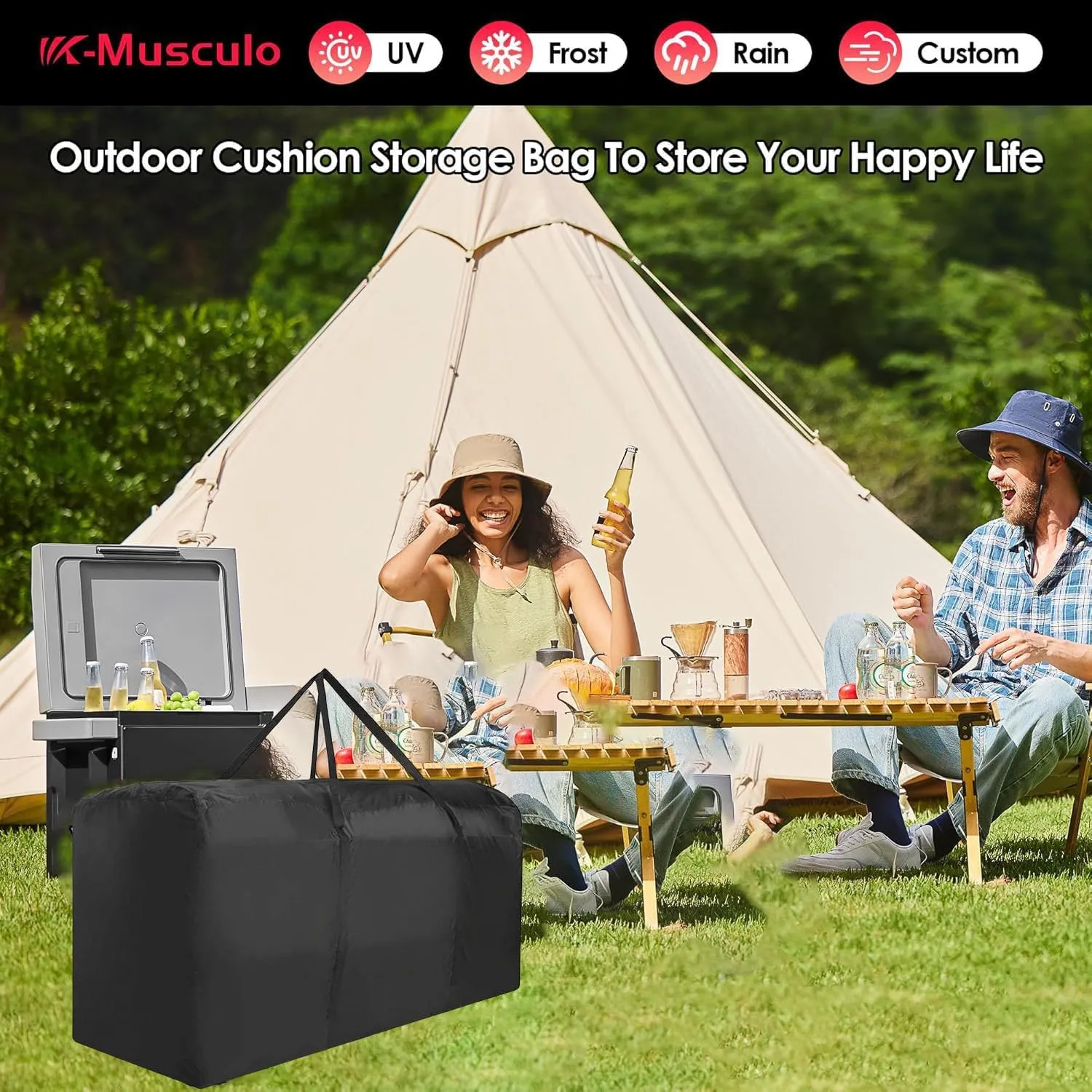 K-Musculo Outdoor Cushion Storage Bag, Waterproof Upgrade 600D PVC with Handles Protective Zipper,Patio Cushion Storage Bag(Black 32" x 32" x 24")