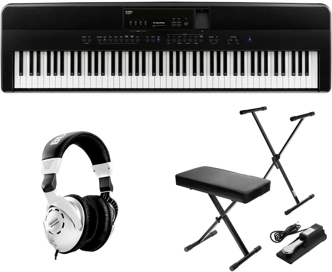 Kawai ES920 88-Key Portable Digital Piano, Black Bundle with Stand, Sustain Pedal, HPS3000 Studio Headphones