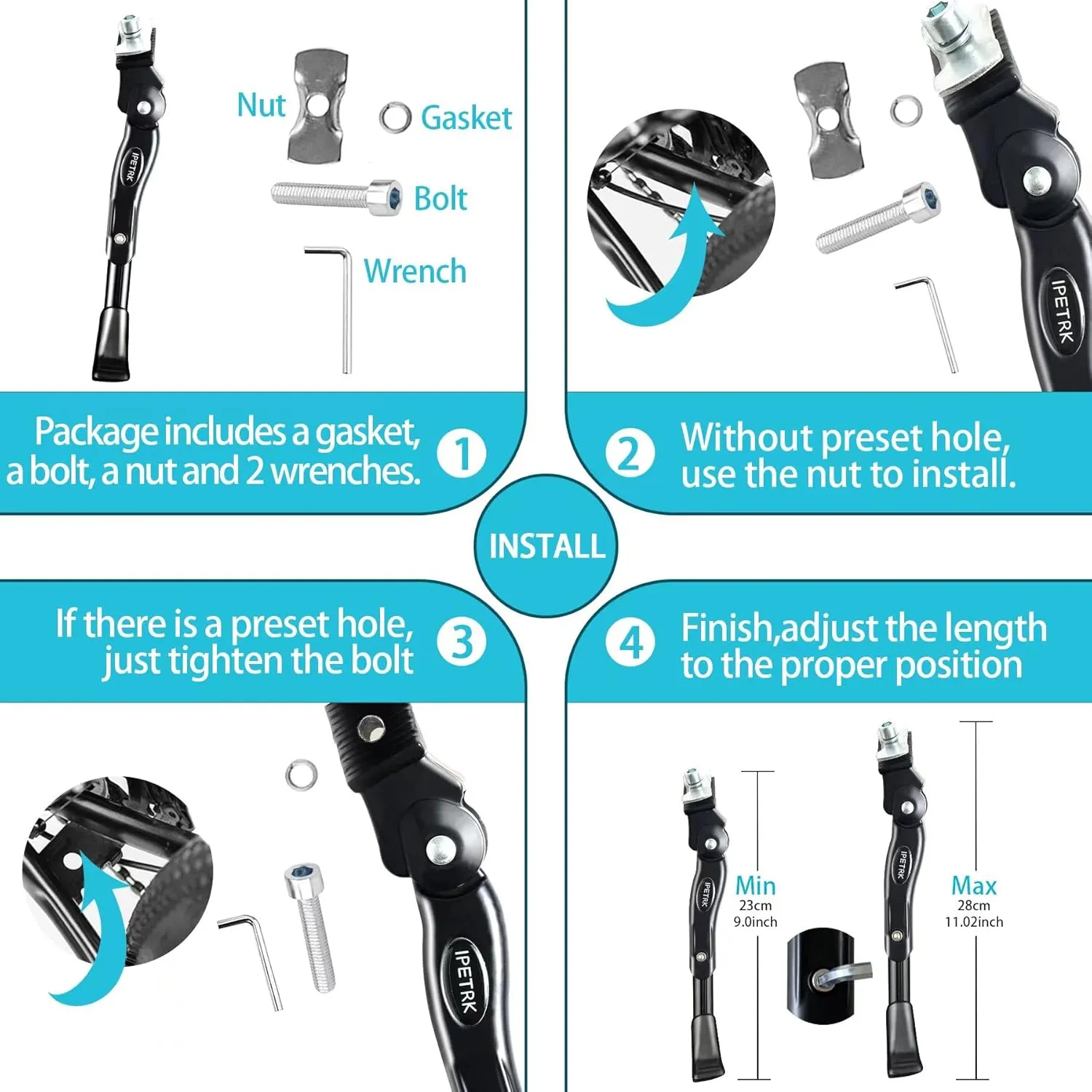 Kickstand for Kids Bike for 16 18 20 Inch Adjustable Folding Center Mount Children's Bicycles Black Aluminium Alloy Bike Kick Stand Easy Install