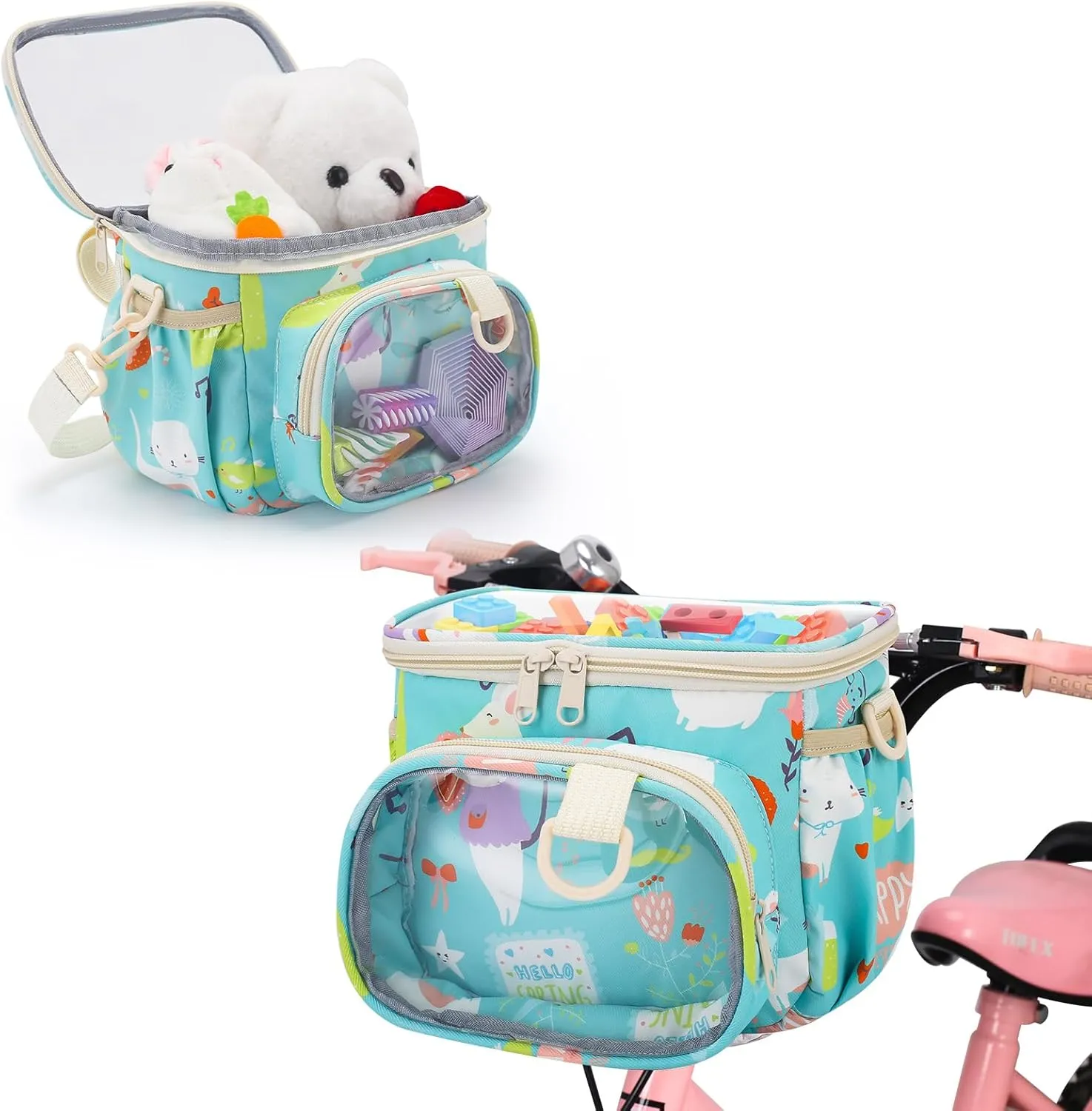 Kids Bike Basket,Waterproof Fabric Bicycle Basket,Boy and Girl Bicycles Front Basket Accessories,Fits Scooter and Tricycles Bike Handlebar Bag,with Shoulder Strap. ﻿