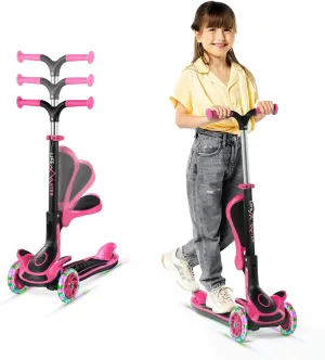 Kids Scooter – Foldable Seat – LED Wheel Lights Illuminate When Rolling – Children and Toddler 3 Wheel Kick Scooter – Adjustable Handlebar – Indoor and Outdoor- by Lifemaster