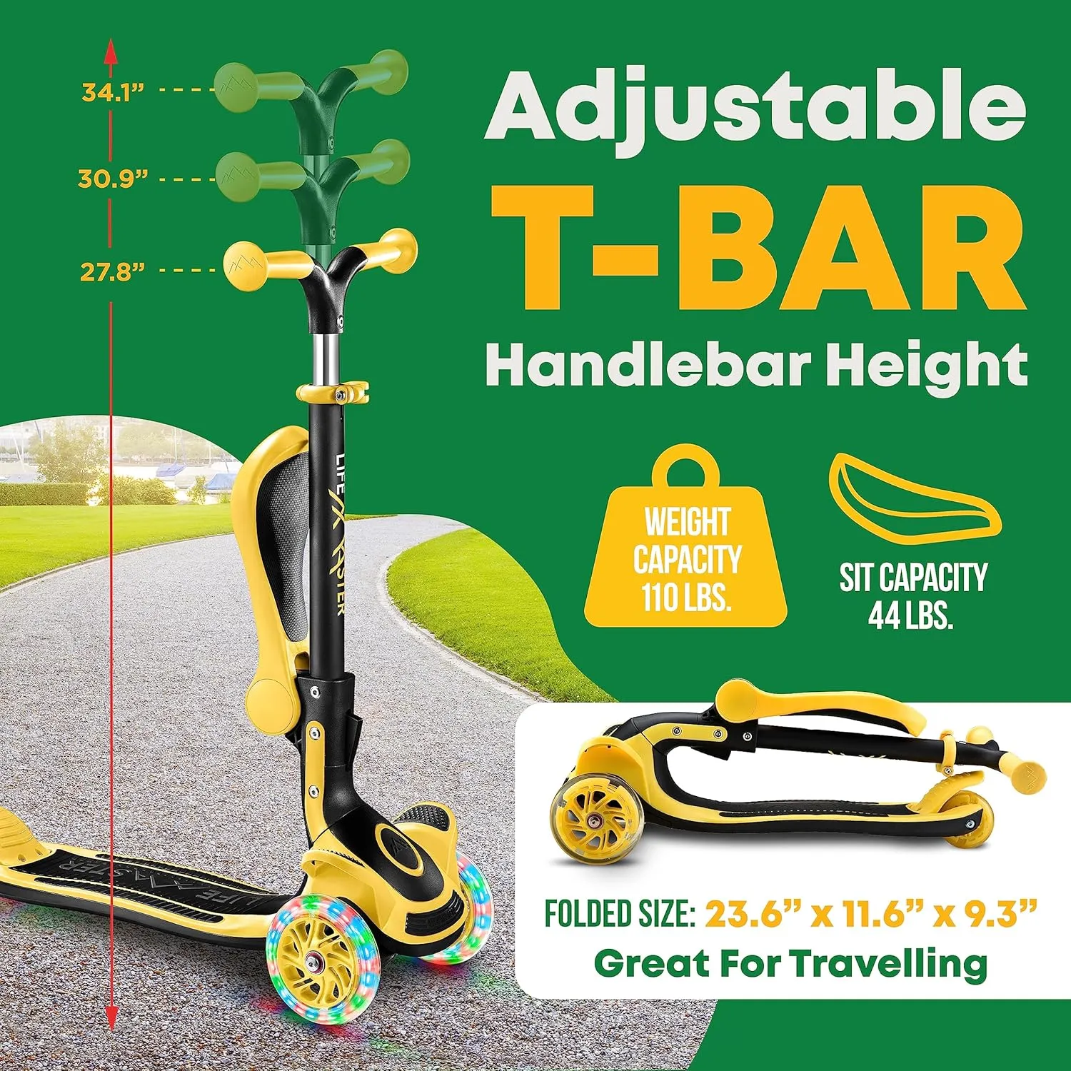 Kids Scooter – Foldable Seat – LED Wheel Lights Illuminate When Rolling – Children and Toddler 3 Wheel Kick Scooter – Adjustable Handlebar – Indoor and Outdoor- by Lifemaster