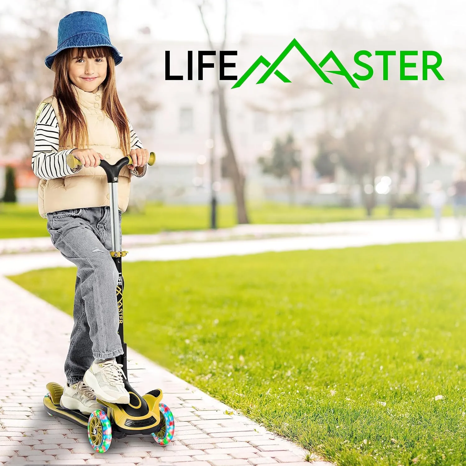 Kids Scooter – Foldable Seat – LED Wheel Lights Illuminate When Rolling – Children and Toddler 3 Wheel Kick Scooter – Adjustable Handlebar – Indoor and Outdoor- by Lifemaster