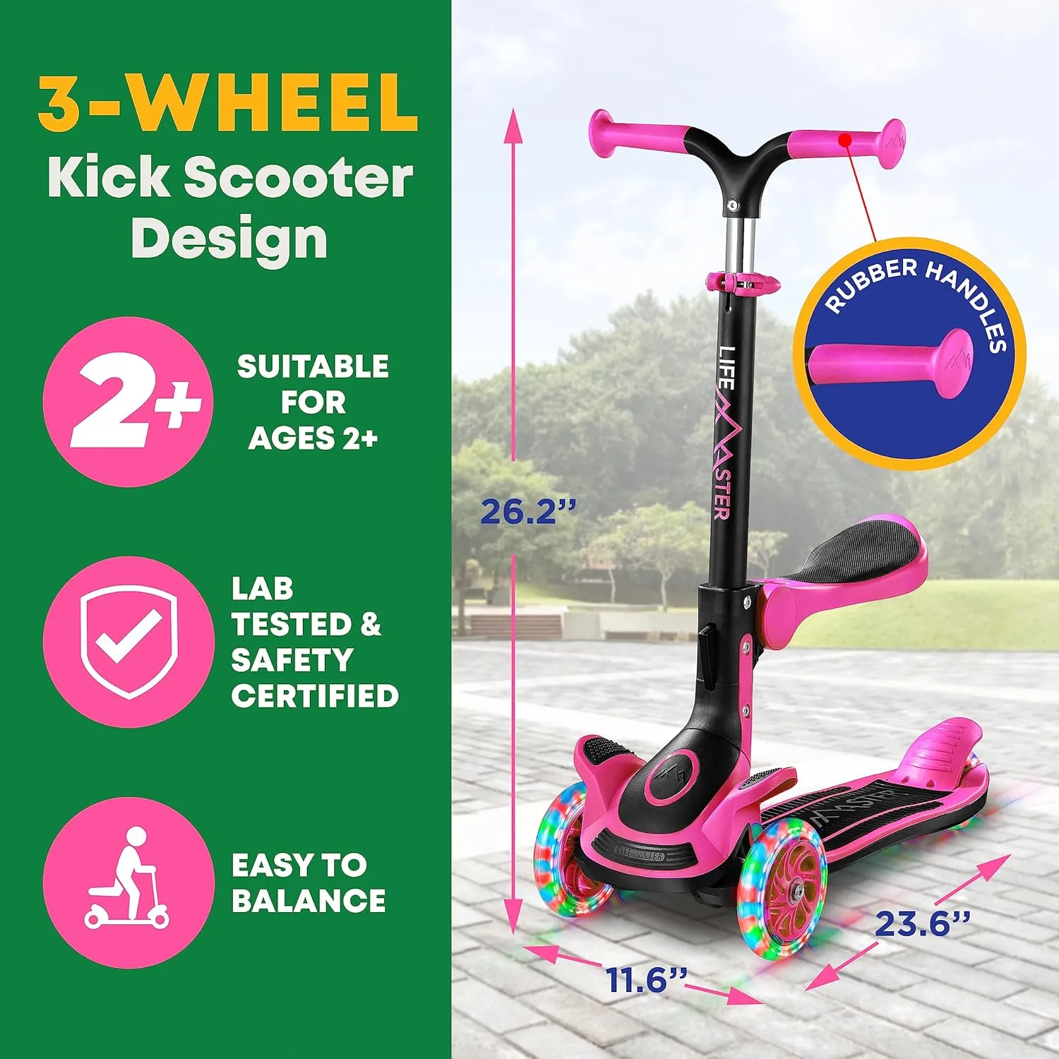 Kids Scooter – Foldable Seat – LED Wheel Lights Illuminate When Rolling – Children and Toddler 3 Wheel Kick Scooter – Adjustable Handlebar – Indoor and Outdoor- by Lifemaster