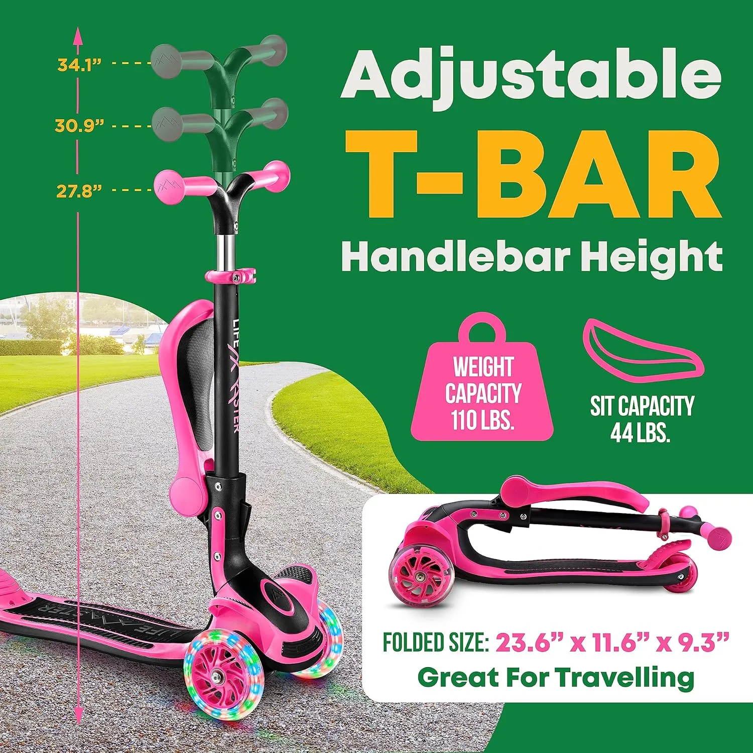 Kids Scooter – Foldable Seat – LED Wheel Lights Illuminate When Rolling – Children and Toddler 3 Wheel Kick Scooter – Adjustable Handlebar – Indoor and Outdoor- by Lifemaster